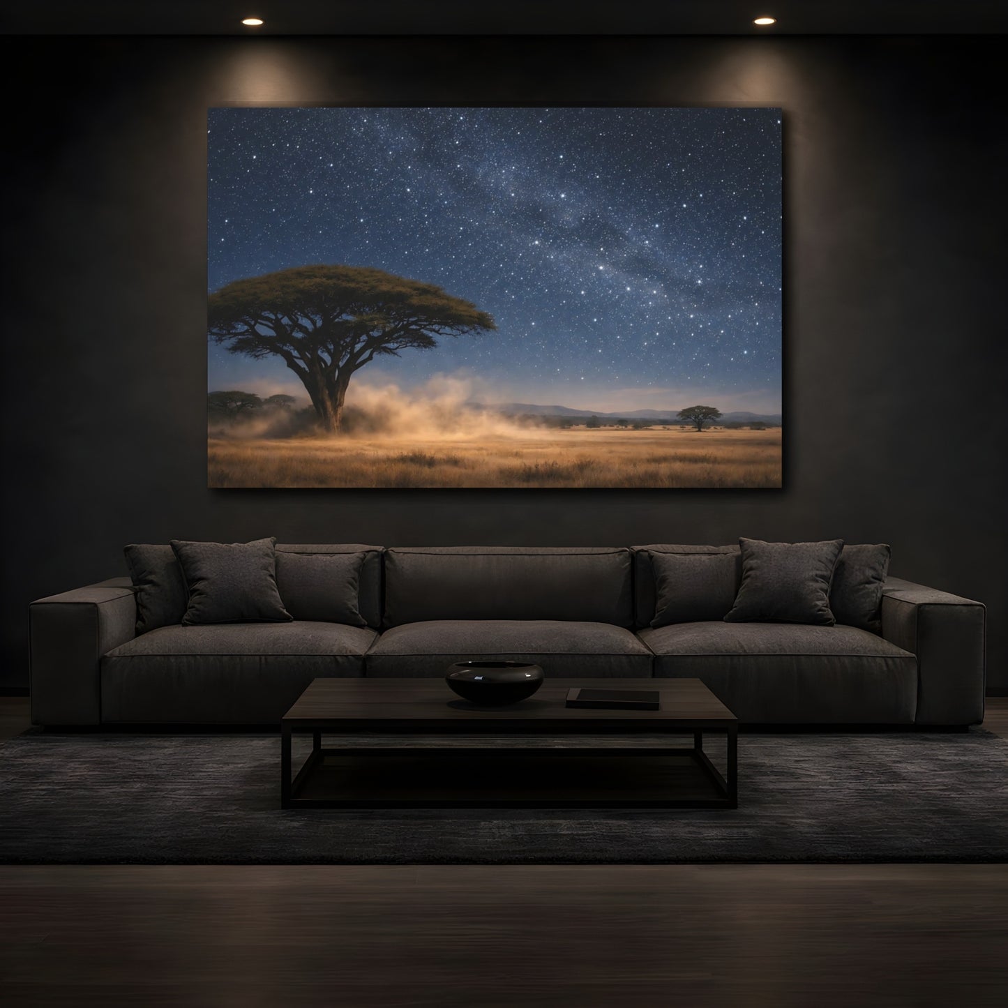 Mockup 4. Nature Savannah Tree Deep Blue Starry Night shown as stretched canvas wall art