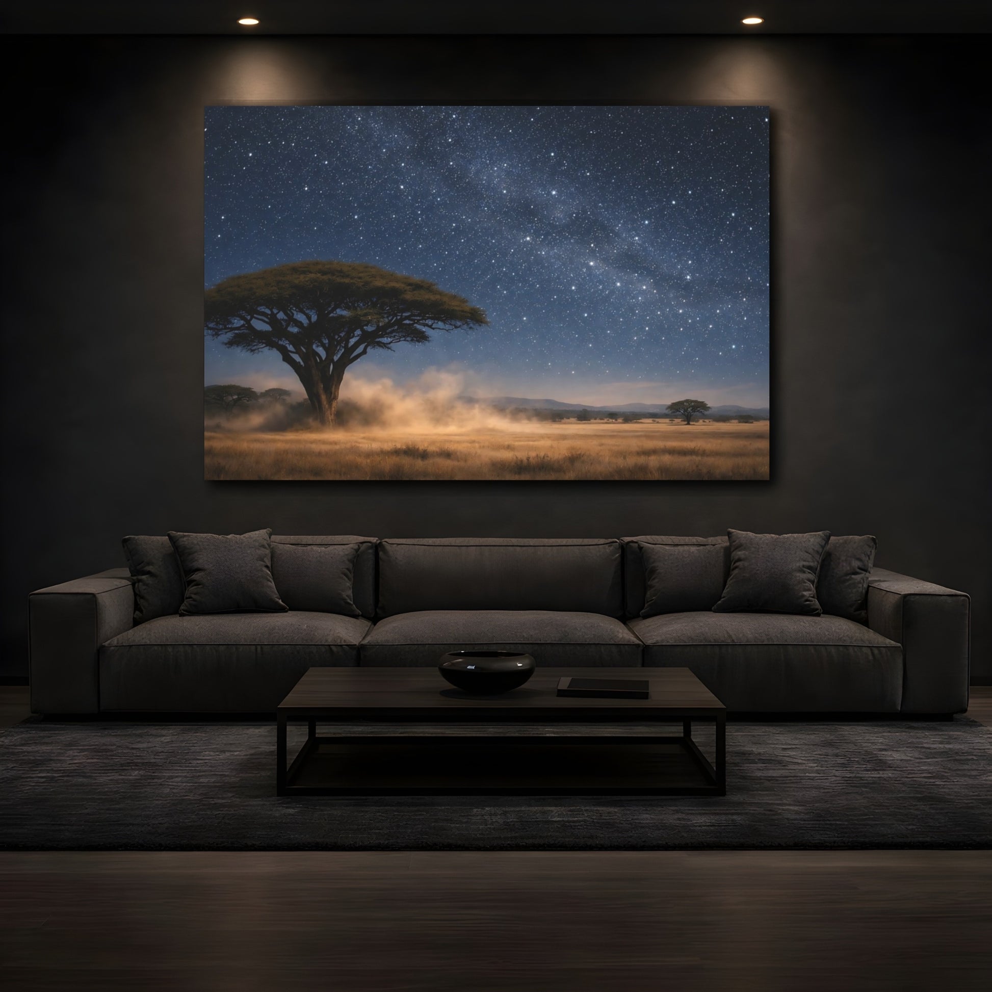 Mockup 4. Nature Savannah Tree Deep Blue Starry Night shown as stretched canvas wall art