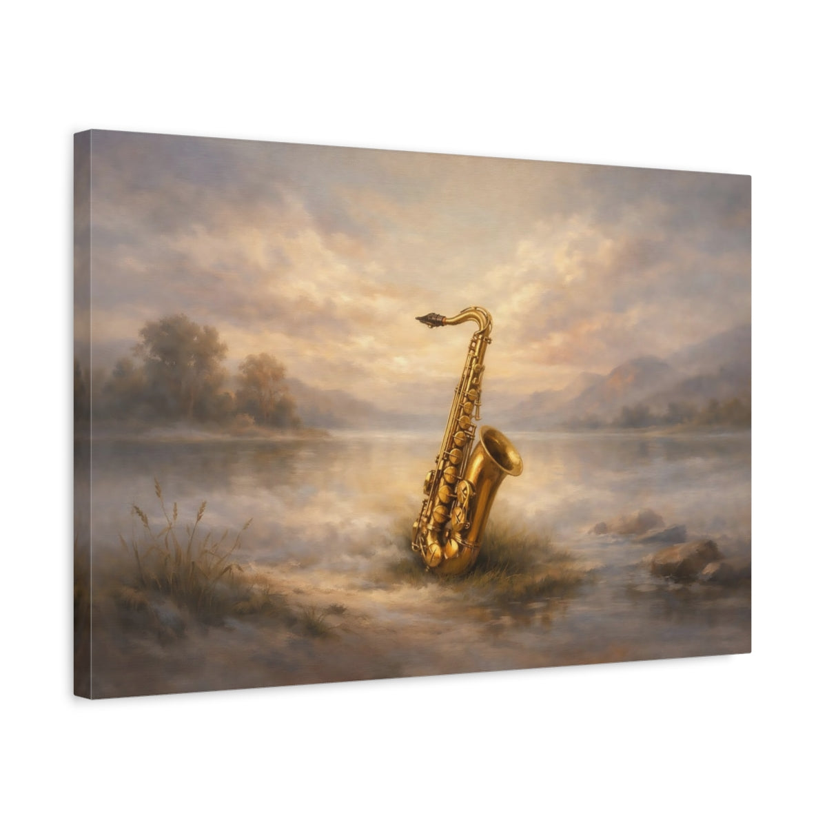 Side Mockup 3. Nature Saxophone Golden Saxophone shown as stretched canvas wall art
