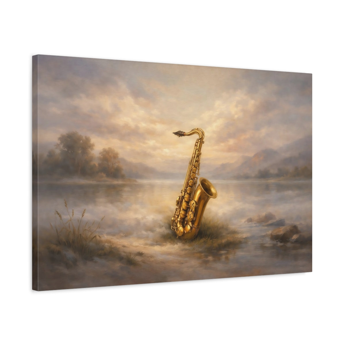 Side Mockup 2. Nature Saxophone Golden Saxophone shown as stretched canvas wall art