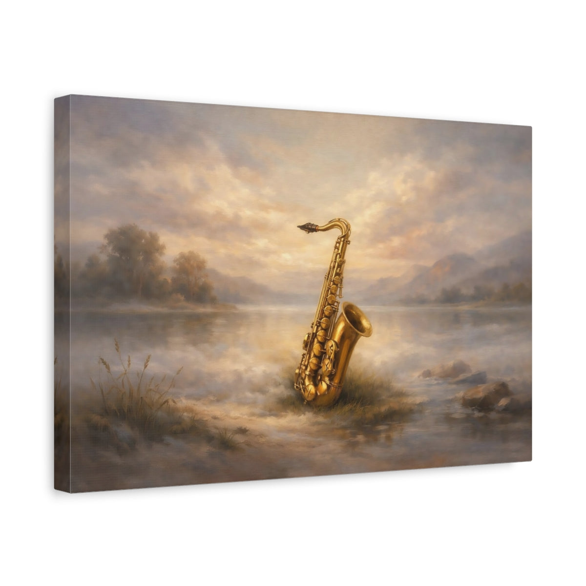 Side Mockup 4. Nature Saxophone Golden Saxophone shown as stretched canvas wall art