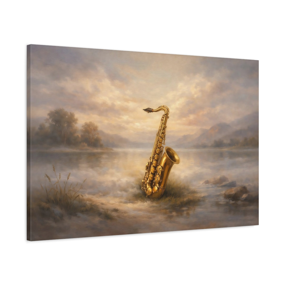 Side Mockup 1. Nature Saxophone Golden Saxophone shown as stretched canvas wall art