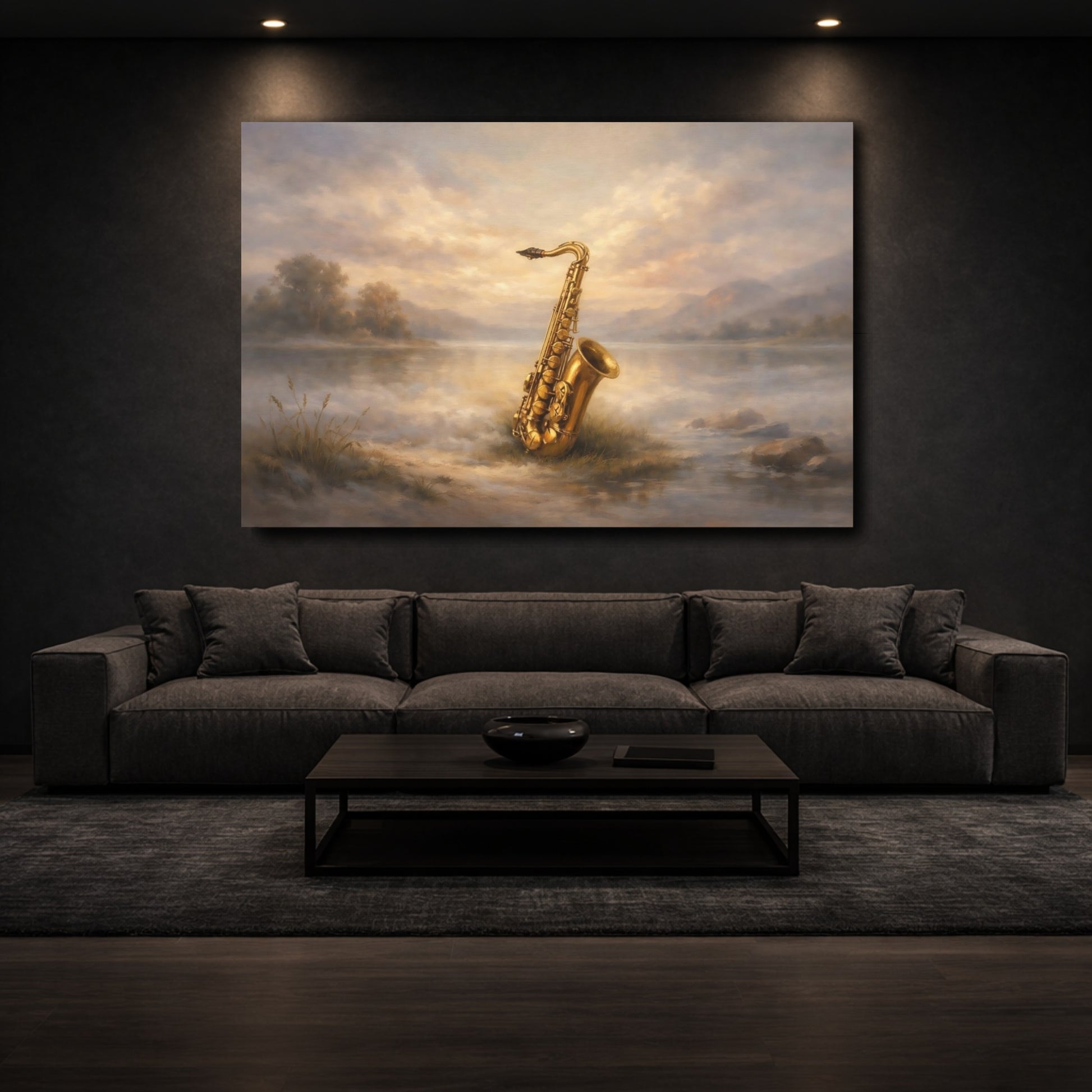 Mockup 2. Nature Saxophone Golden Saxophone shown as stretched canvas wall art