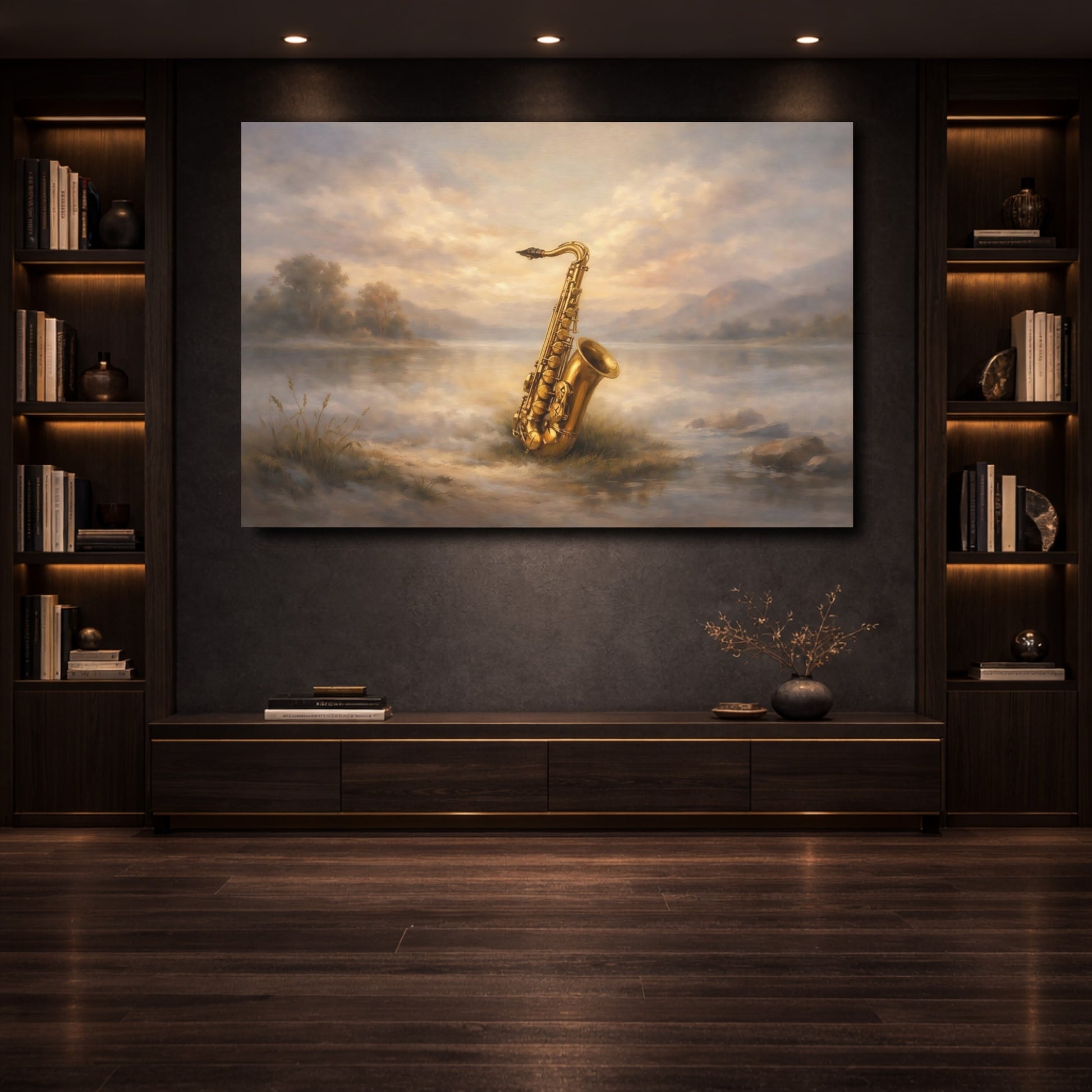 Mockup 3. Nature Saxophone Golden Saxophone shown as stretched canvas wall art