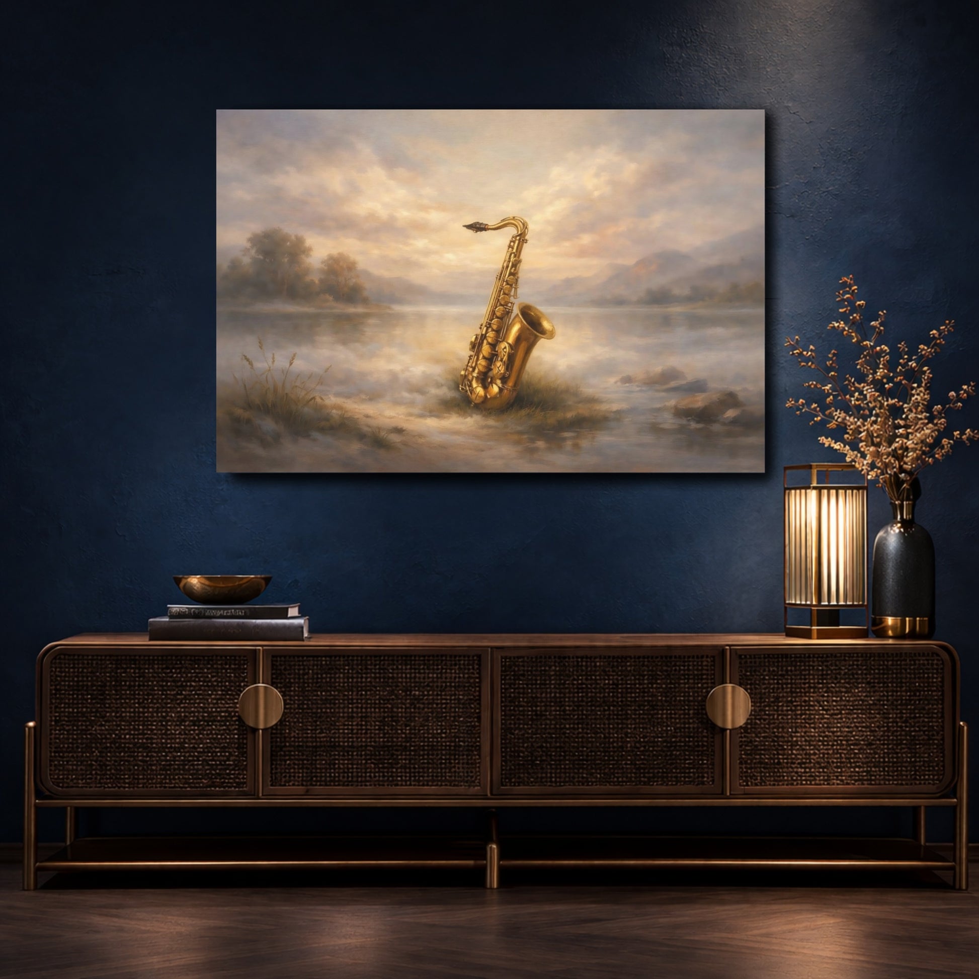 Mockup 4. Nature Saxophone Golden Saxophone shown as stretched canvas wall art
