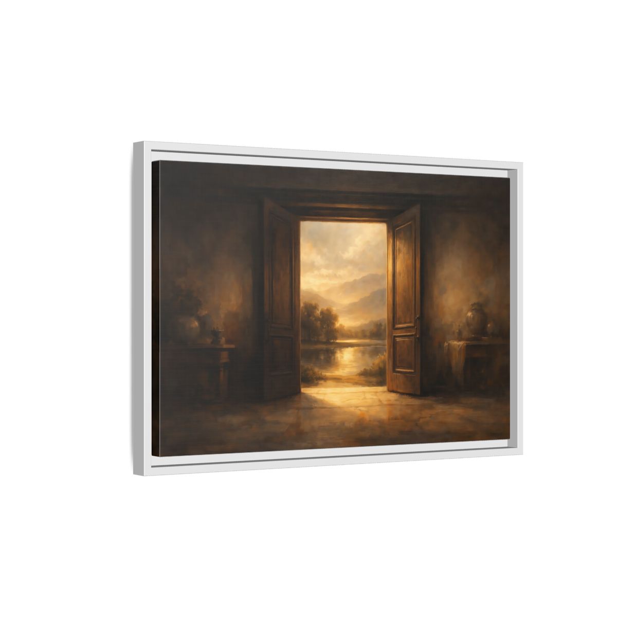 Side Mockup 1. Nature Scenic Doorway Brown And Gold shown as stretched canvas wall art