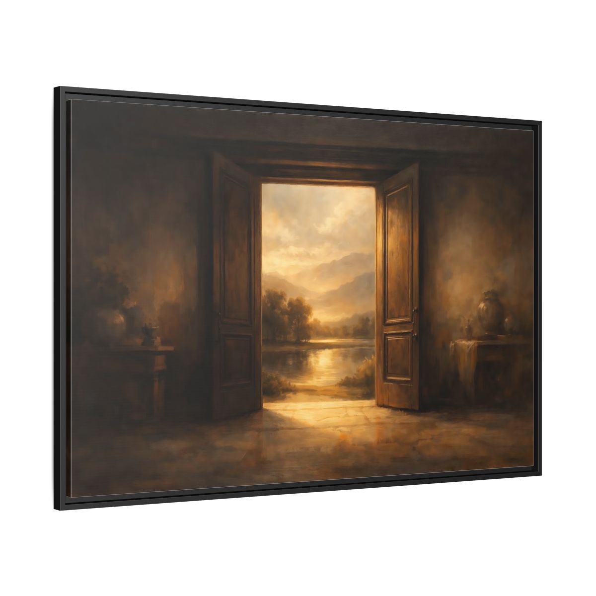 Side Mockup 12. Nature Scenic Doorway Brown And Gold shown as stretched canvas wall art