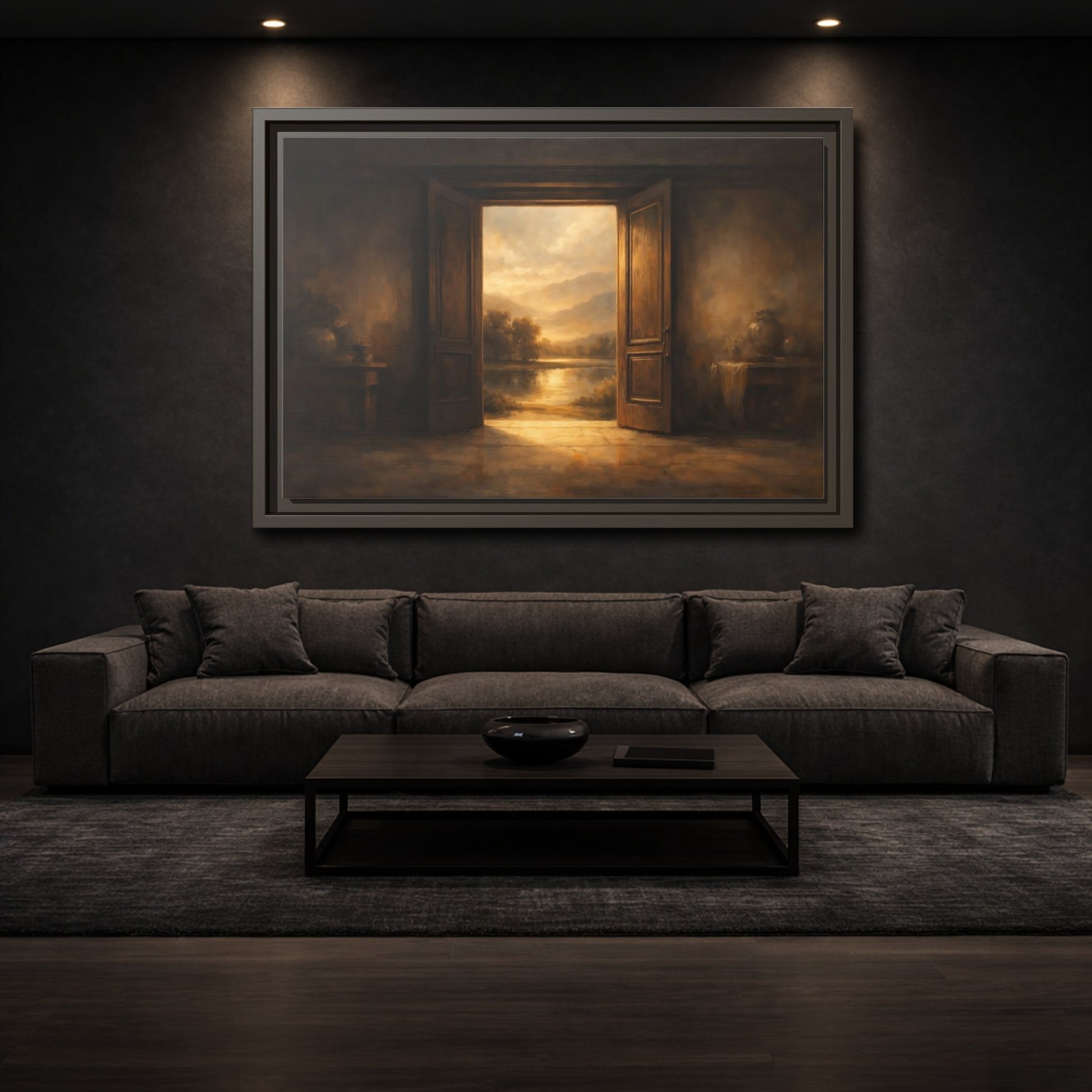 Mockup 2. Nature Scenic Doorway Brown And Gold shown as stretched canvas wall art