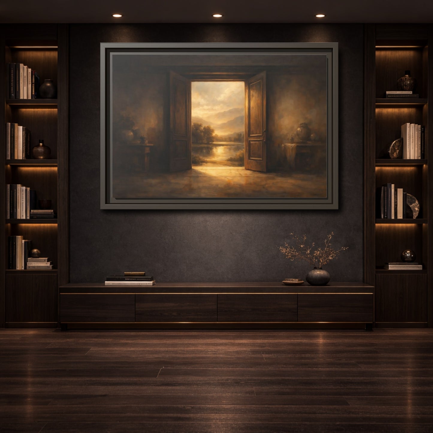 Mockup 3. Nature Scenic Doorway Brown And Gold shown as stretched canvas wall art