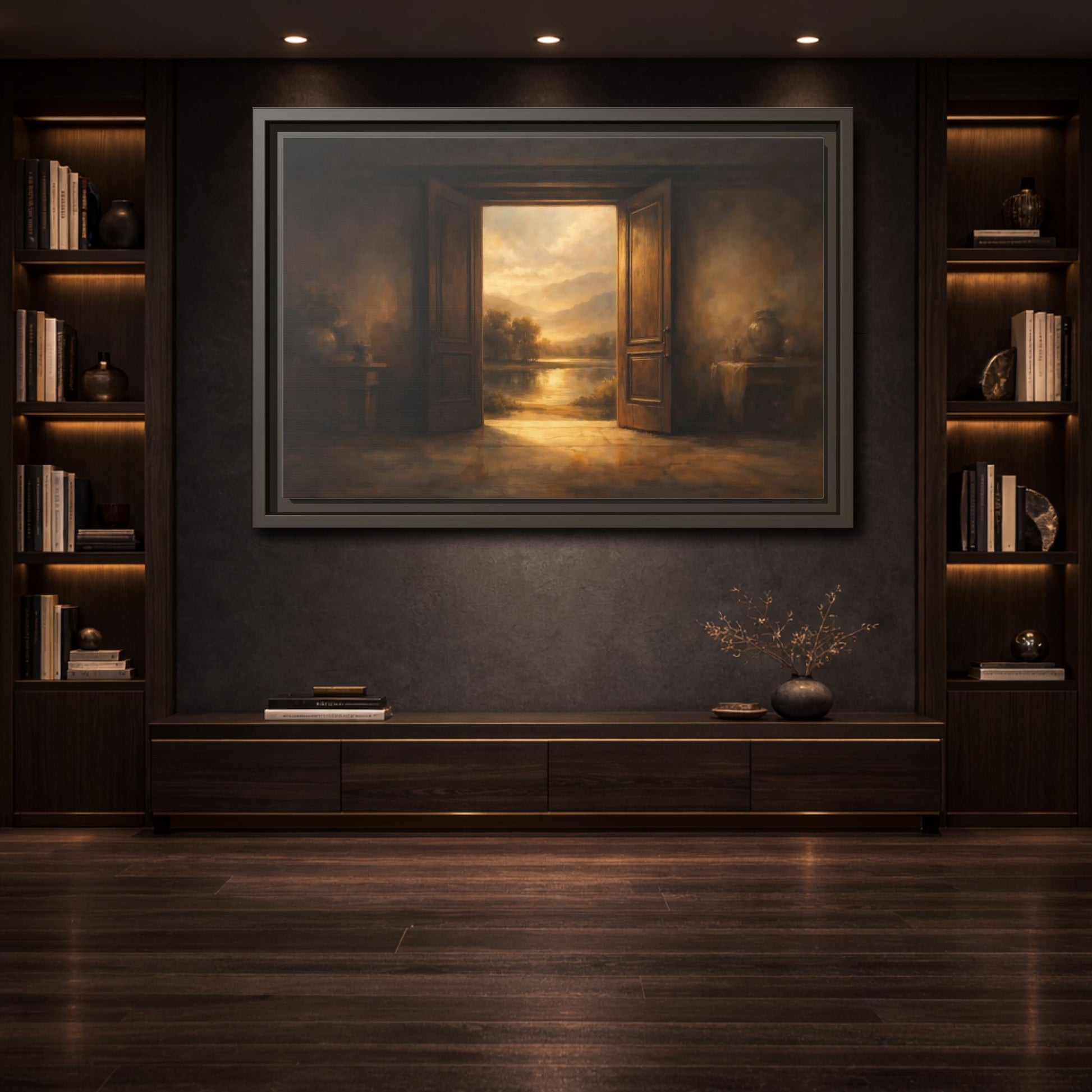 Mockup 3. Nature Scenic Doorway Brown And Gold shown as stretched canvas wall art