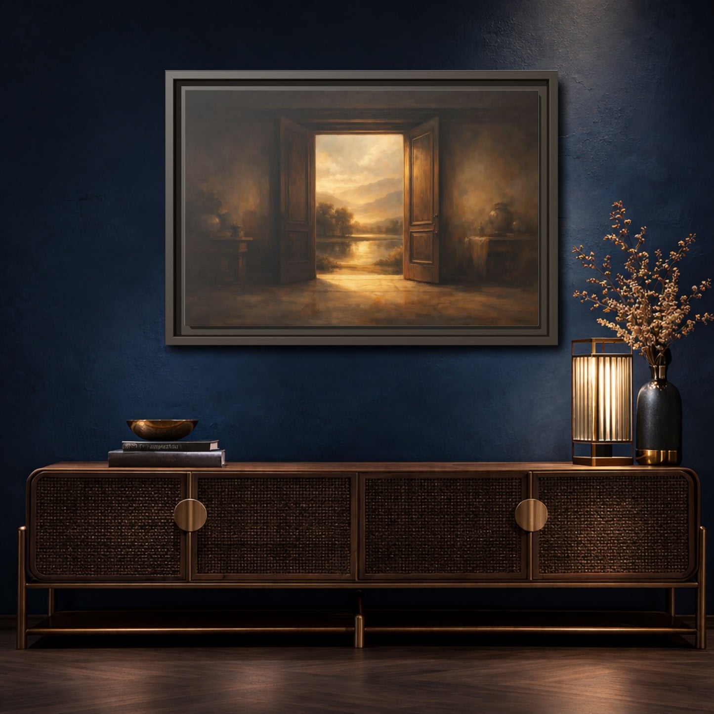 Mockup 4. Nature Scenic Doorway Brown And Gold shown as stretched canvas wall art