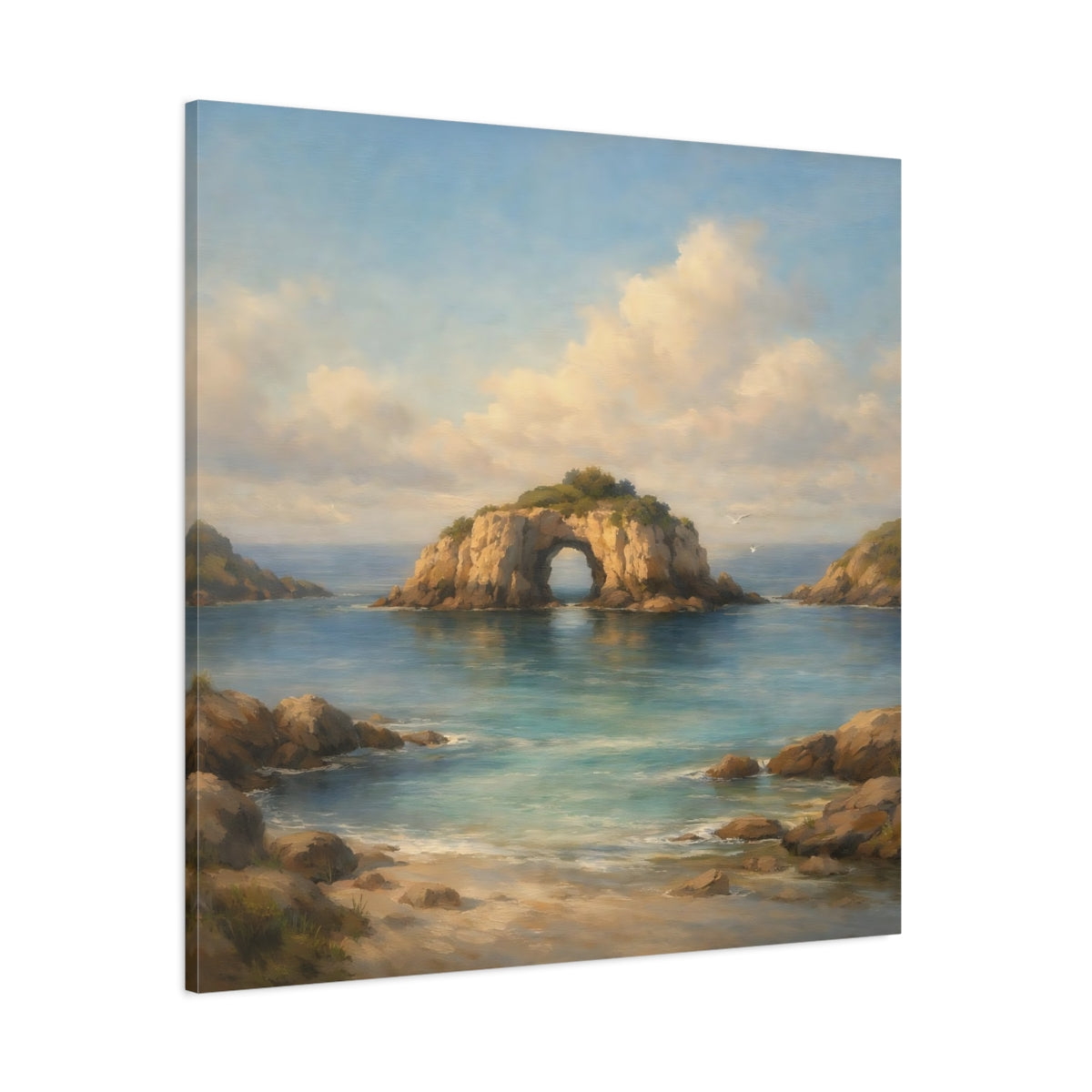Main Mockup. Nature Sea Arch Blue And Brown shown as stretched canvas wall art