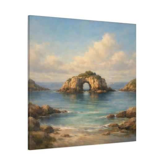 Main Mockup. Nature Sea Arch Blue And Brown shown as stretched canvas wall art