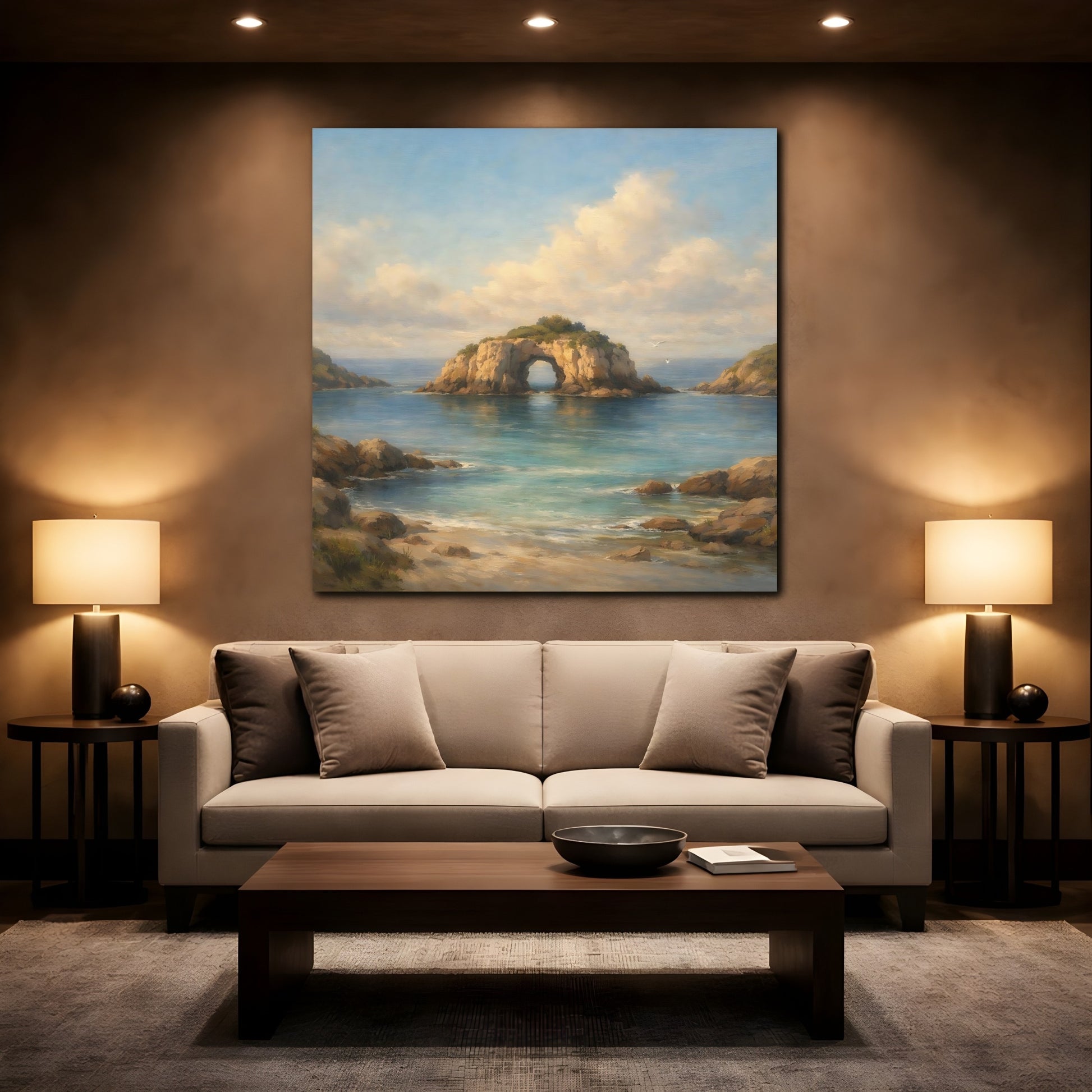 Mockup 2. Nature Sea Arch Blue And Brown shown as stretched canvas wall art