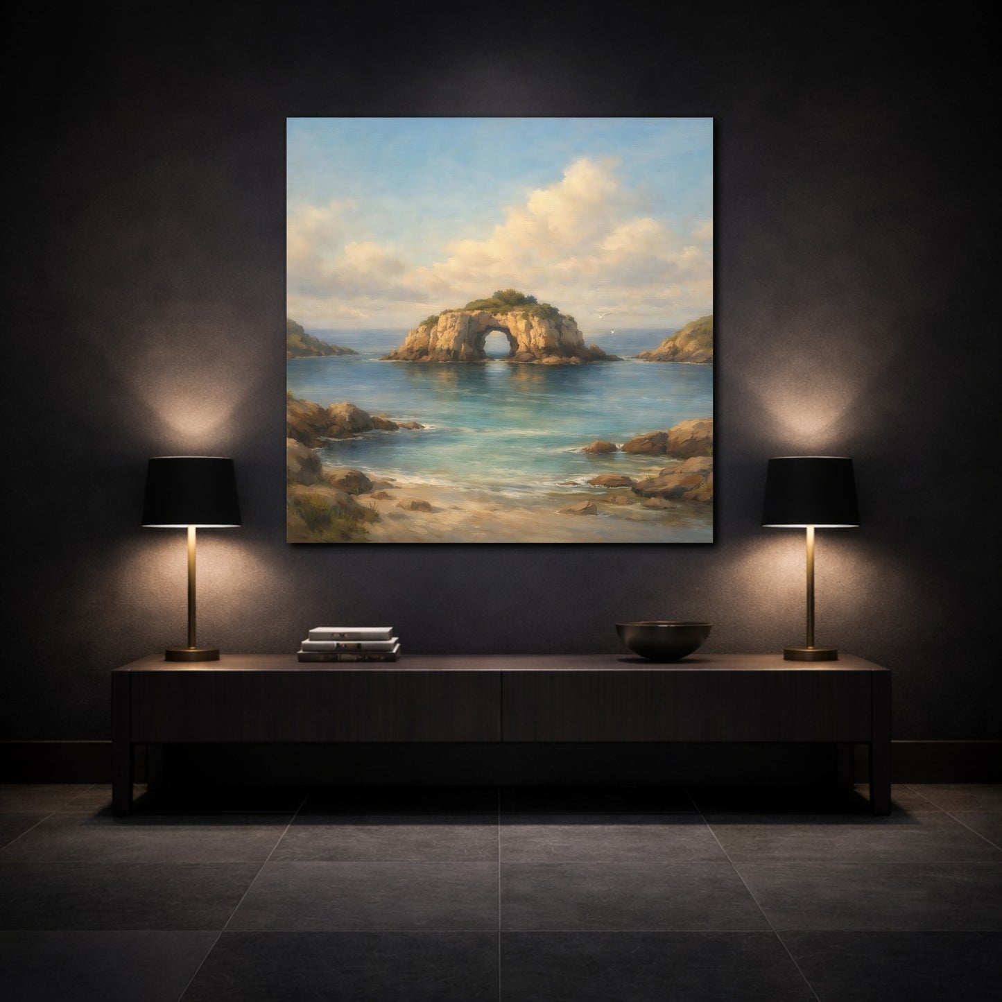 Mockup 3. Nature Sea Arch Blue And Brown shown as stretched canvas wall art
