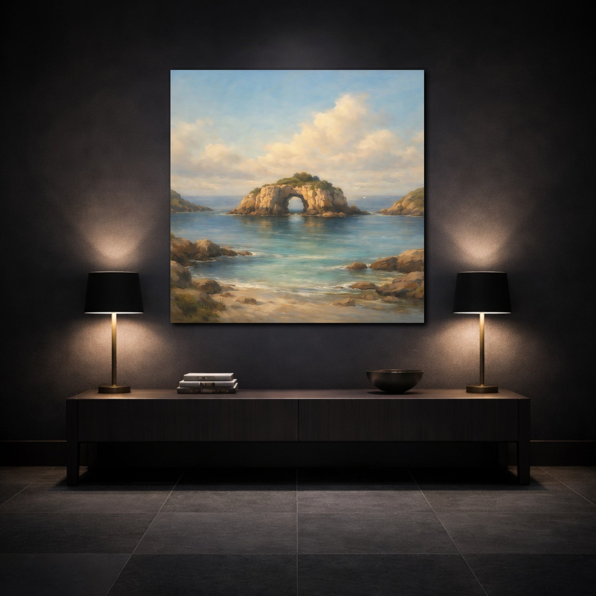 Mockup 3. Nature Sea Arch Blue And Brown shown as stretched canvas wall art