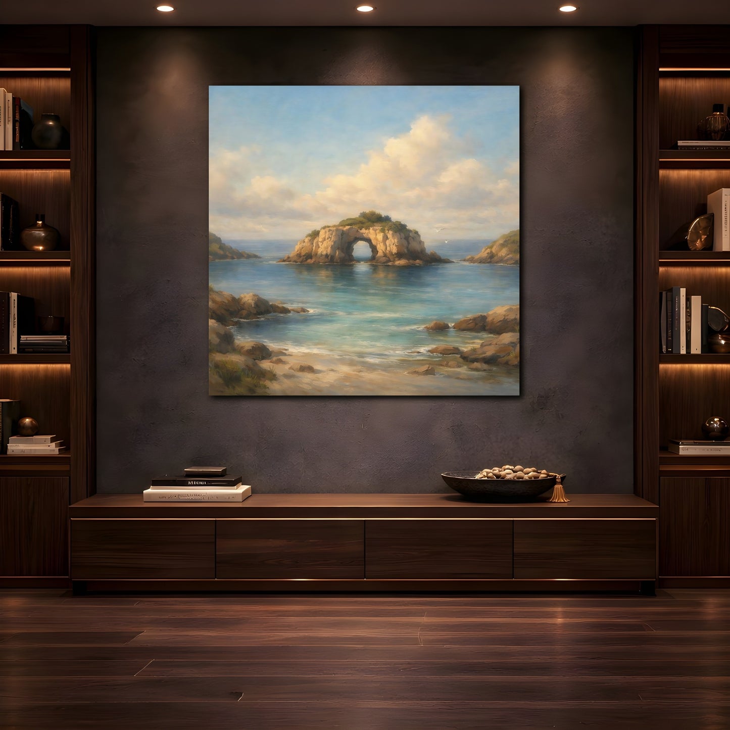 Mockup 4. Nature Sea Arch Blue And Brown shown as stretched canvas wall art