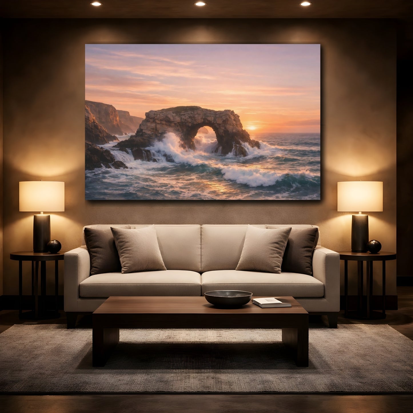 Mockup 3. Nature Sea Arch Sunset Ocean Arch shown as stretched canvas wall art
