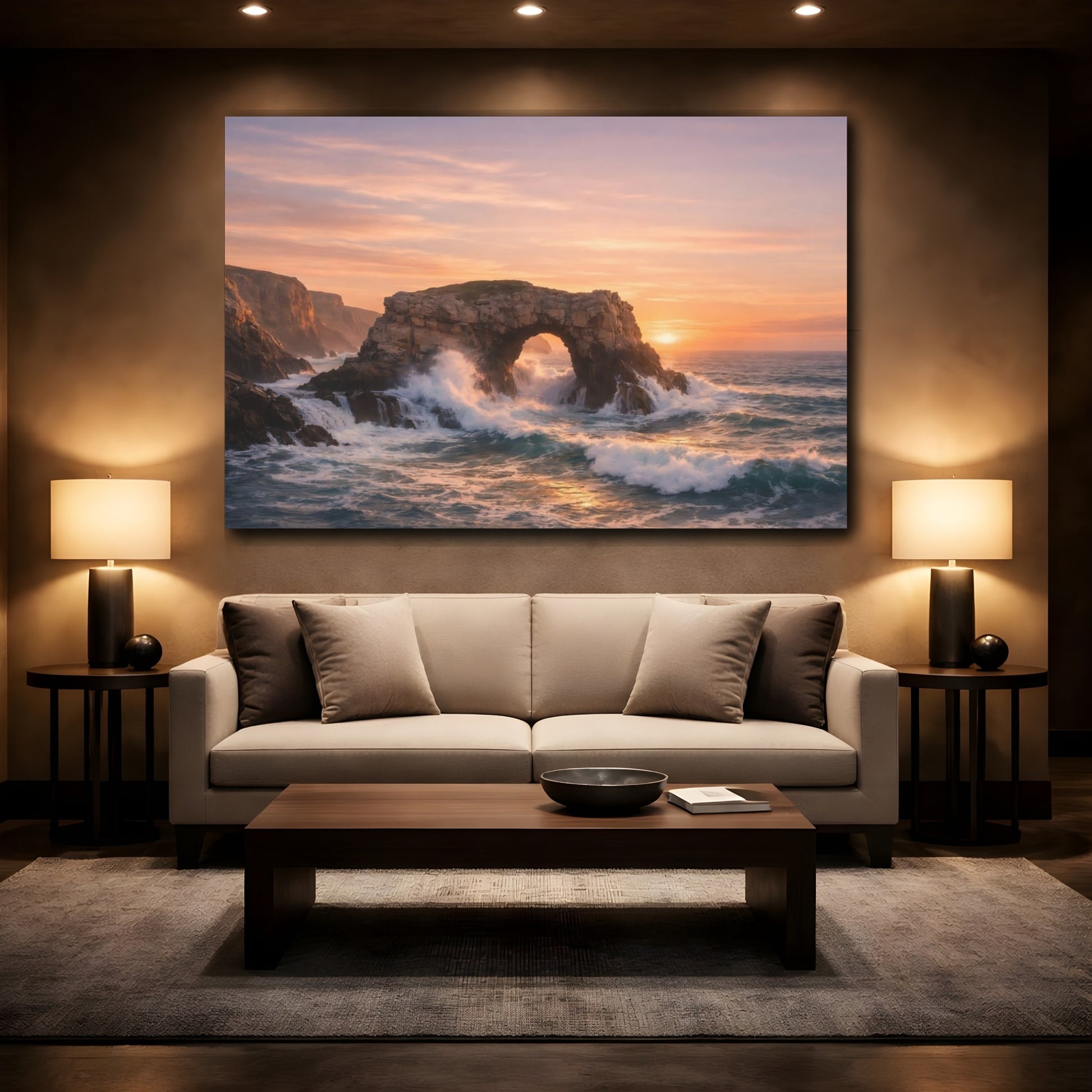 Mockup 3. Nature Sea Arch Sunset Ocean Arch shown as stretched canvas wall art