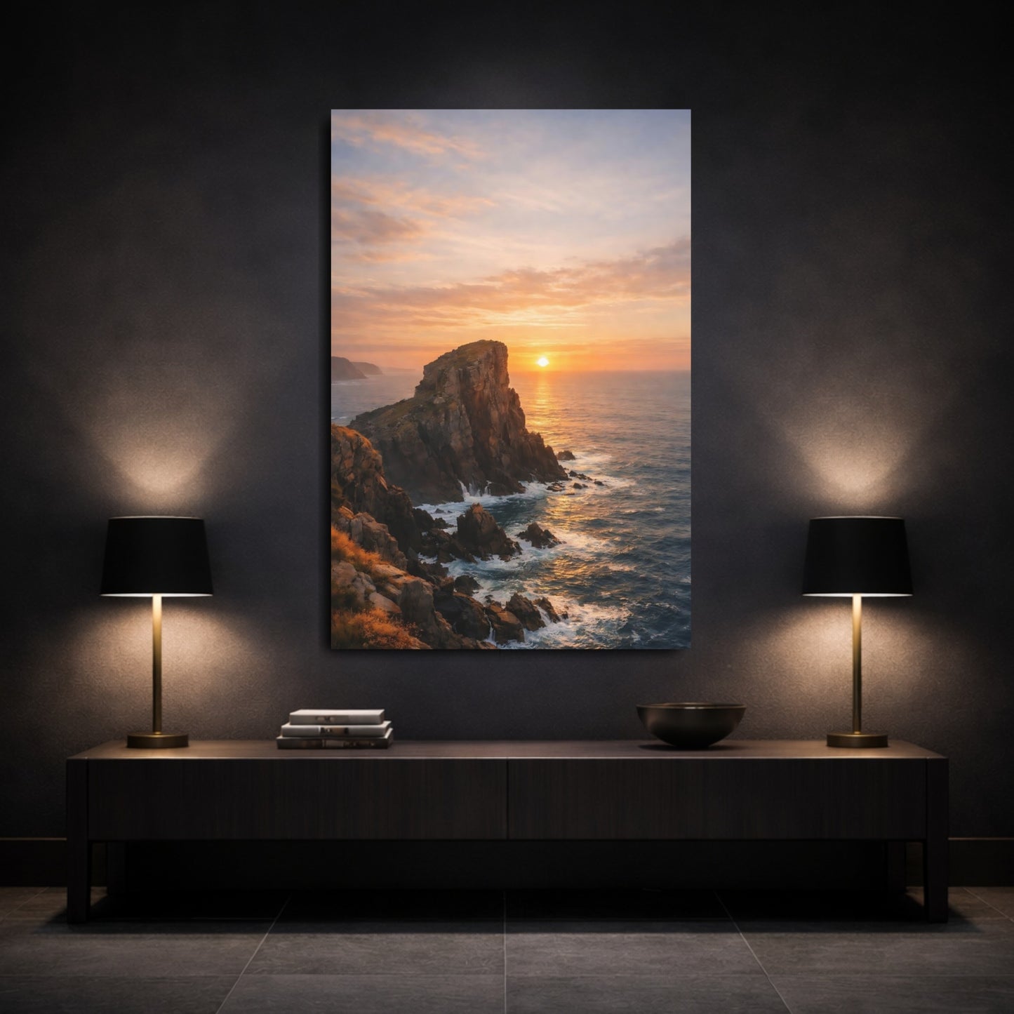 Nature Sea Cliff Coastal Sunset shown as front canvas room wall art