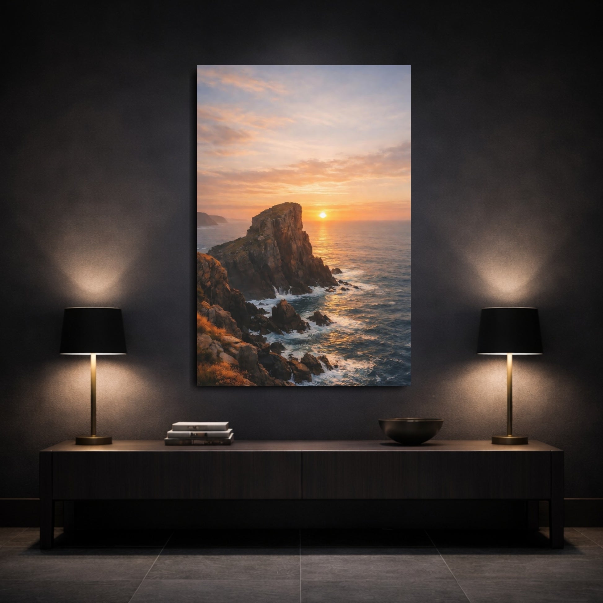 Nature Sea Cliff Coastal Sunset shown as front canvas room wall art