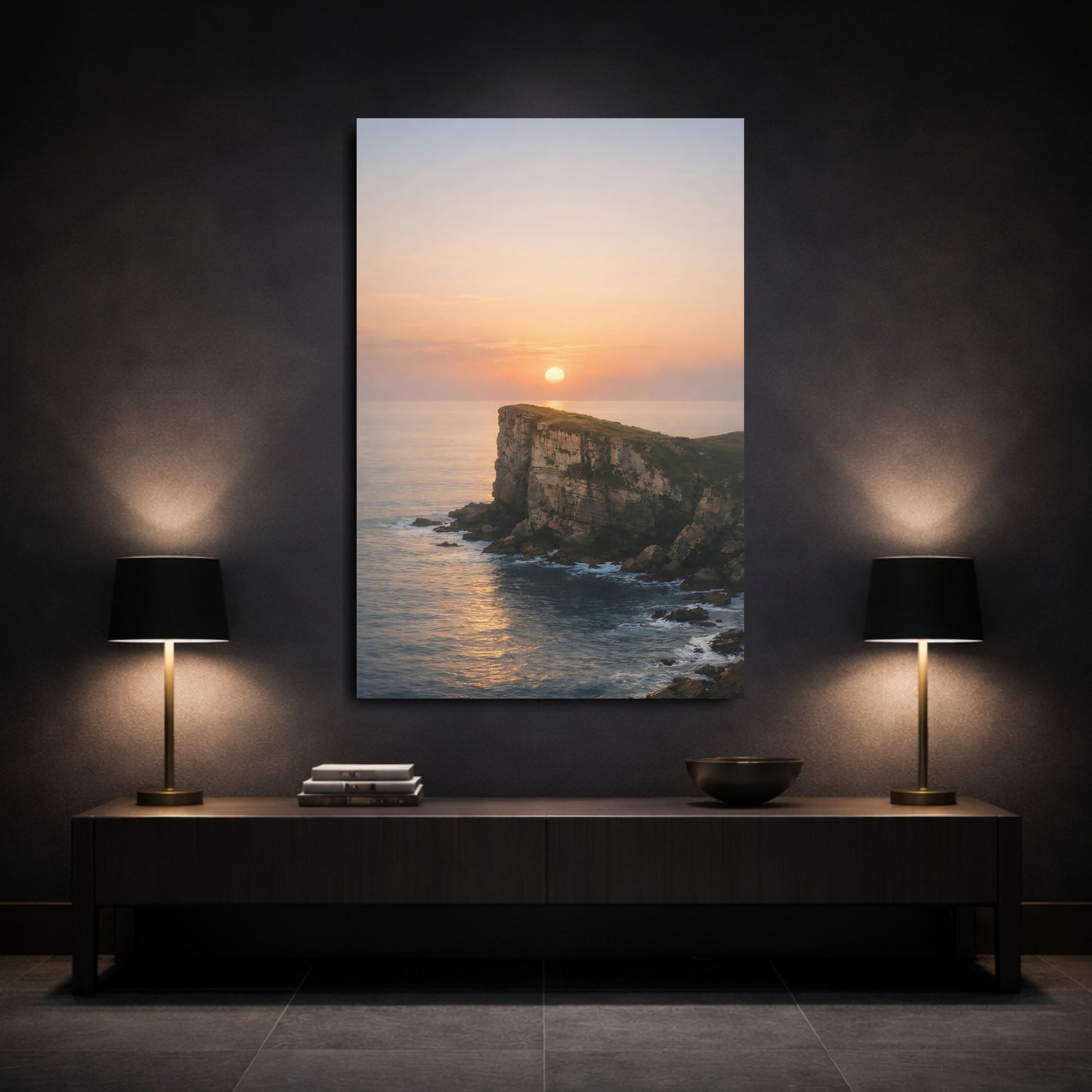 Nature Sea Cliff Coastal Sunset shown as front canvas room wall art
