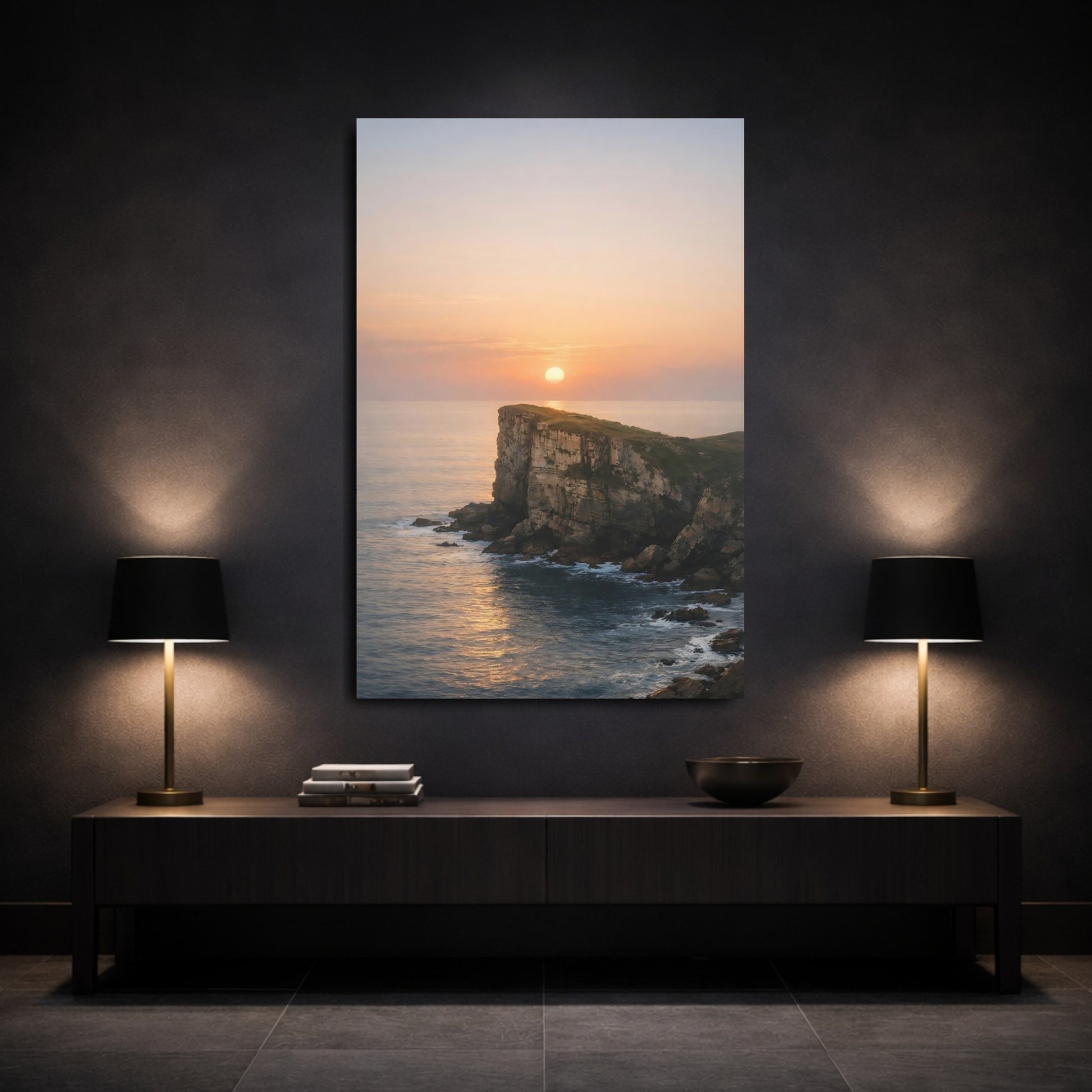 Nature Sea Cliff Coastal Sunset shown as front canvas room wall art