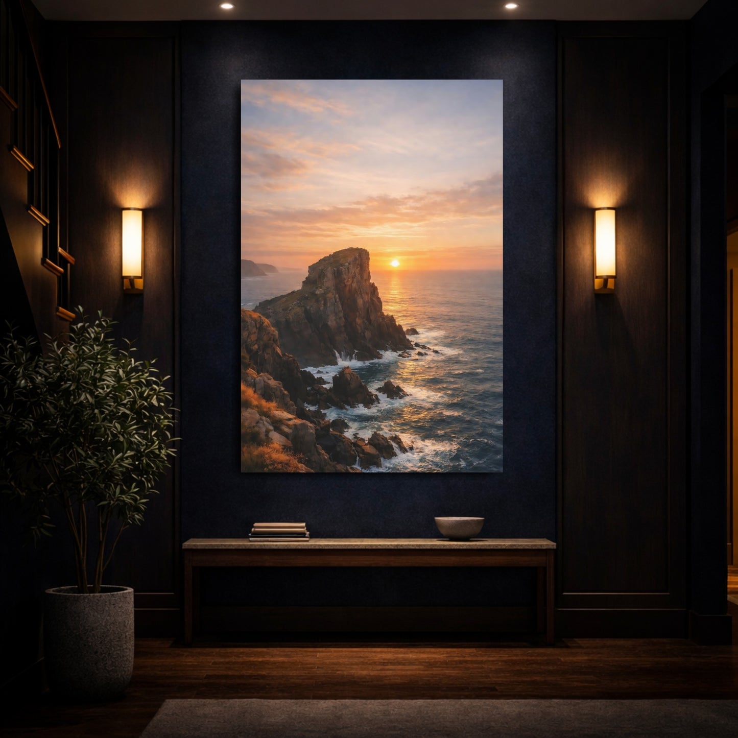 Nature Sea Cliff Coastal Sunset shown as front canvas room wall art