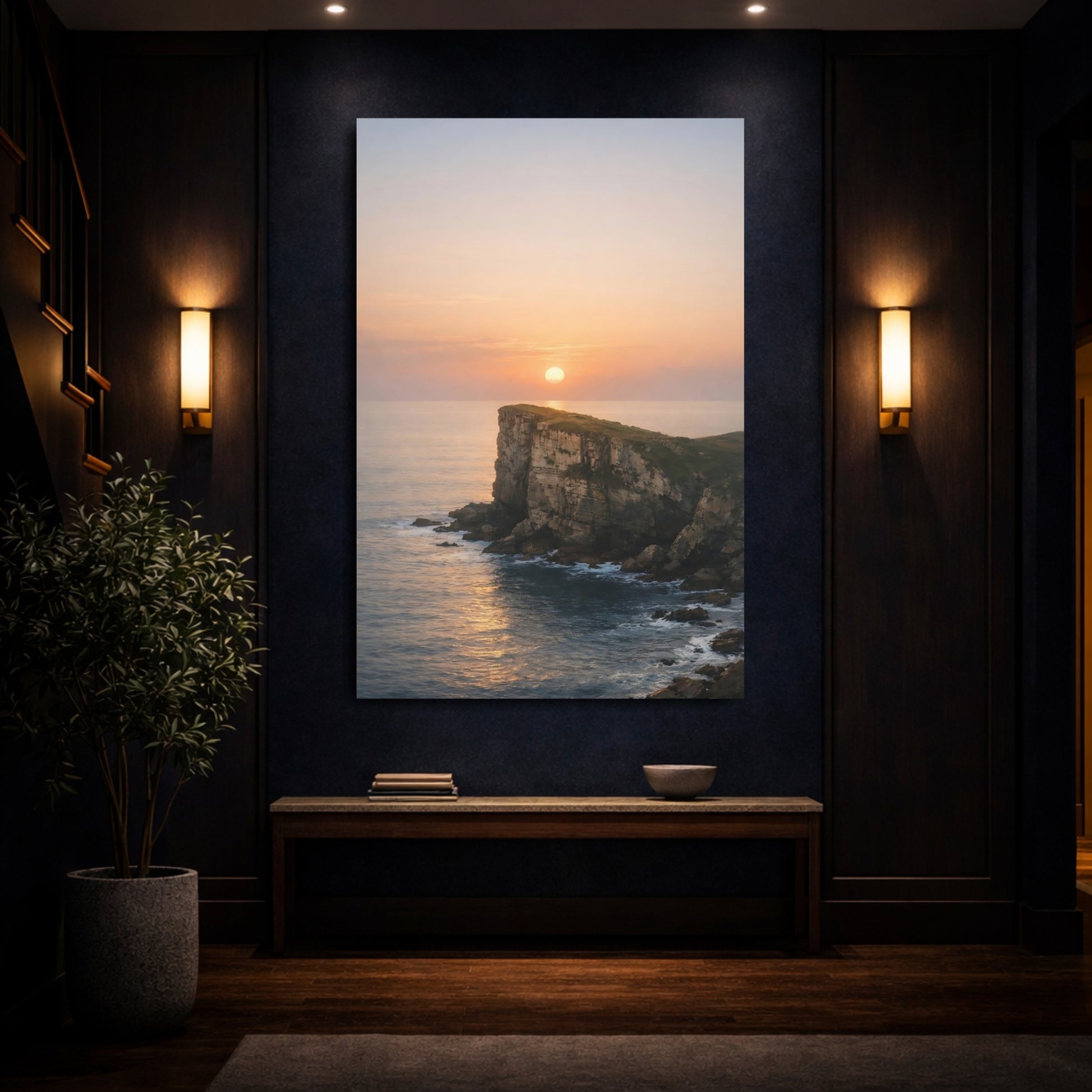 Nature Sea Cliff Coastal Sunset shown as front canvas room wall art