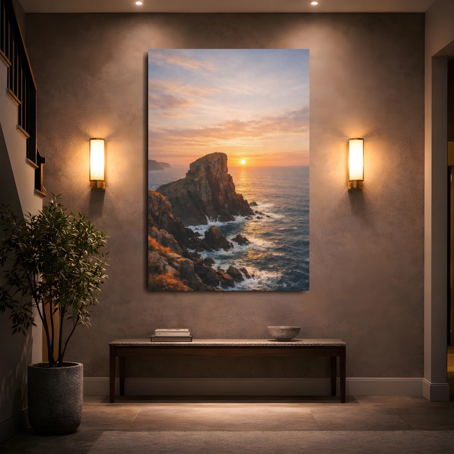 Nature Sea Cliff Coastal Sunset shown as front canvas room wall art