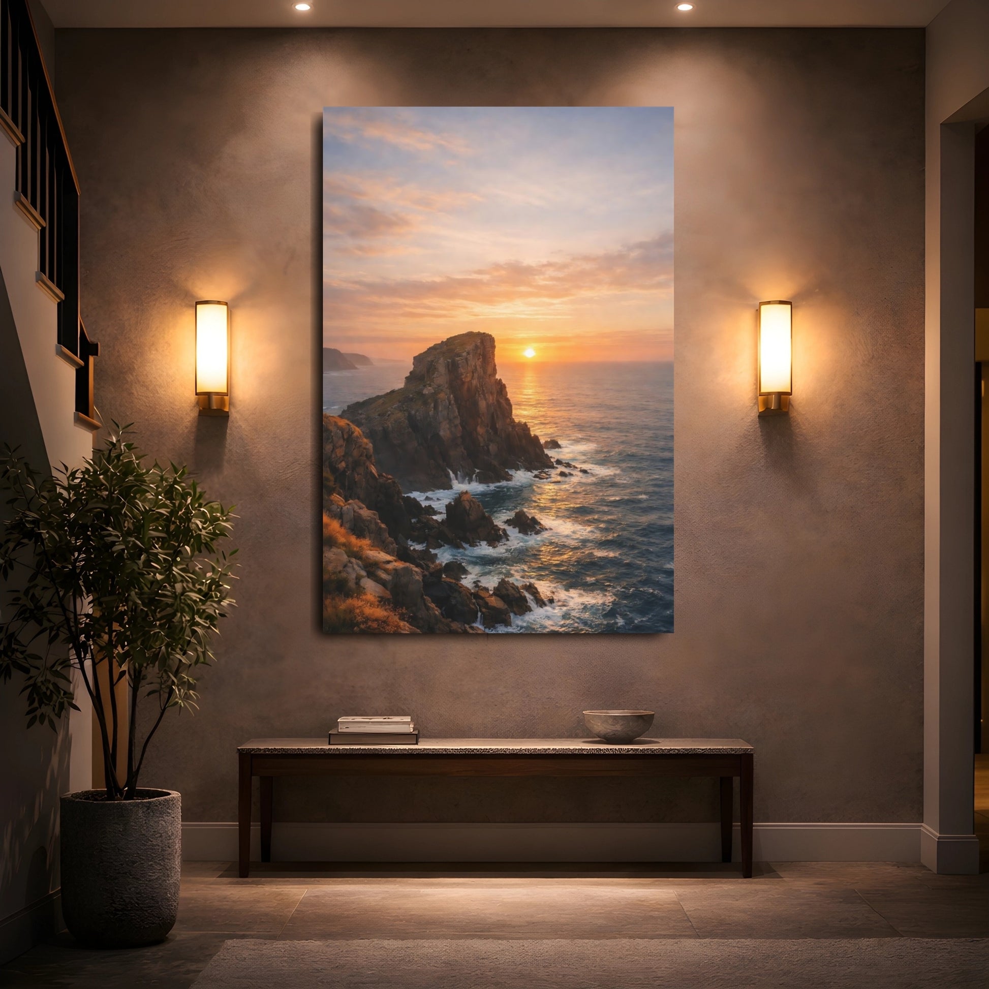 Nature Sea Cliff Coastal Sunset shown as front canvas room wall art