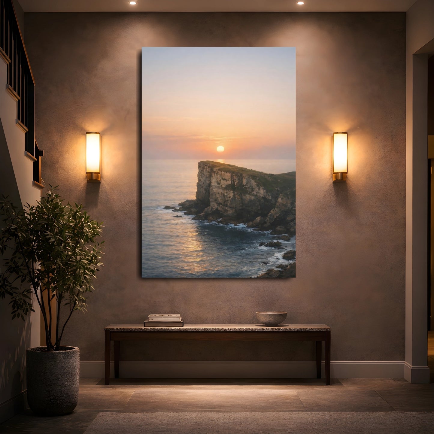 Nature Sea Cliff Coastal Sunset shown as front canvas room wall art