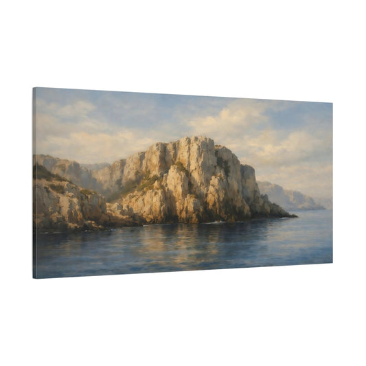 Main Mockup. Nature Sea Cliffs Blue And Brown shown as stretched canvas wall art