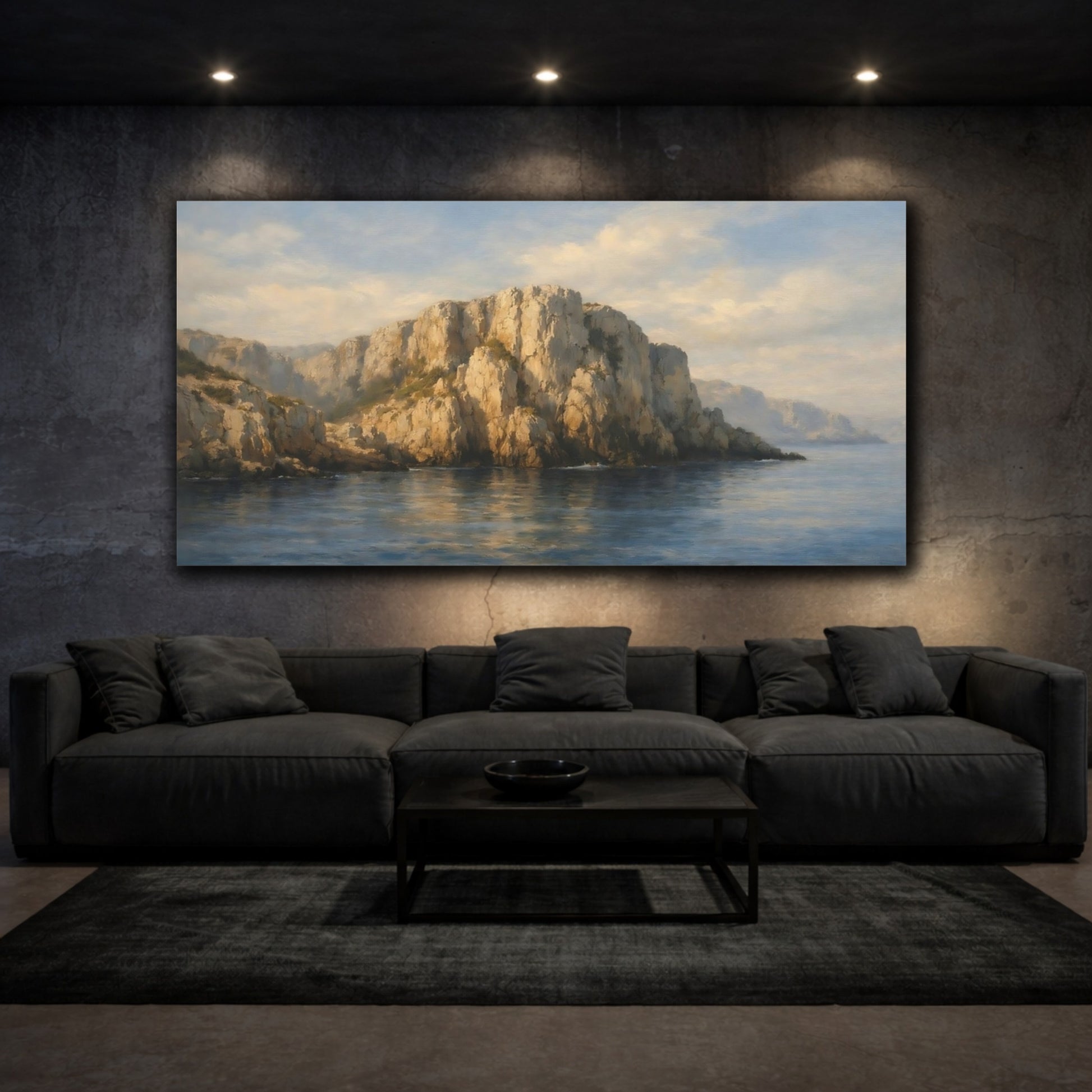 Mockup 2. Nature Sea Cliffs Blue And Brown shown as stretched canvas wall art
