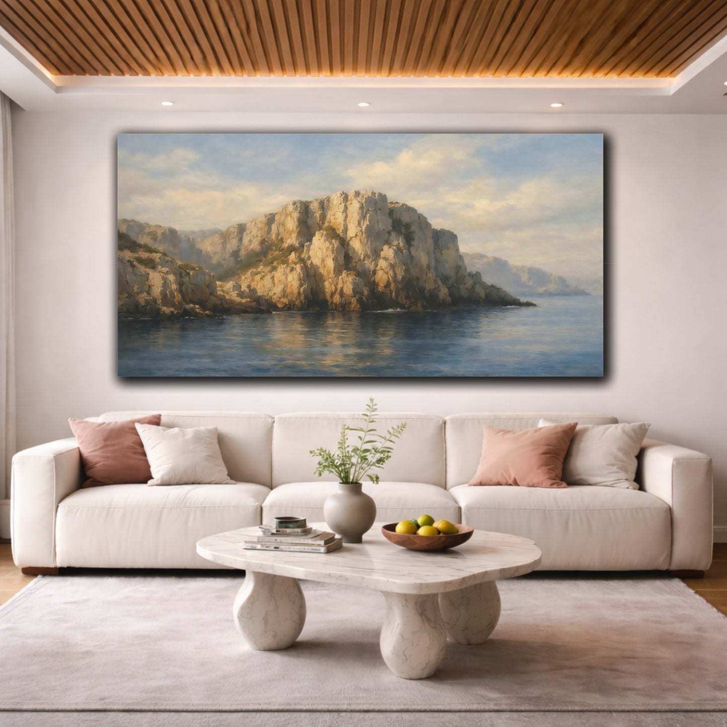 Mockup 3. Nature Sea Cliffs Blue And Brown shown as stretched canvas wall art