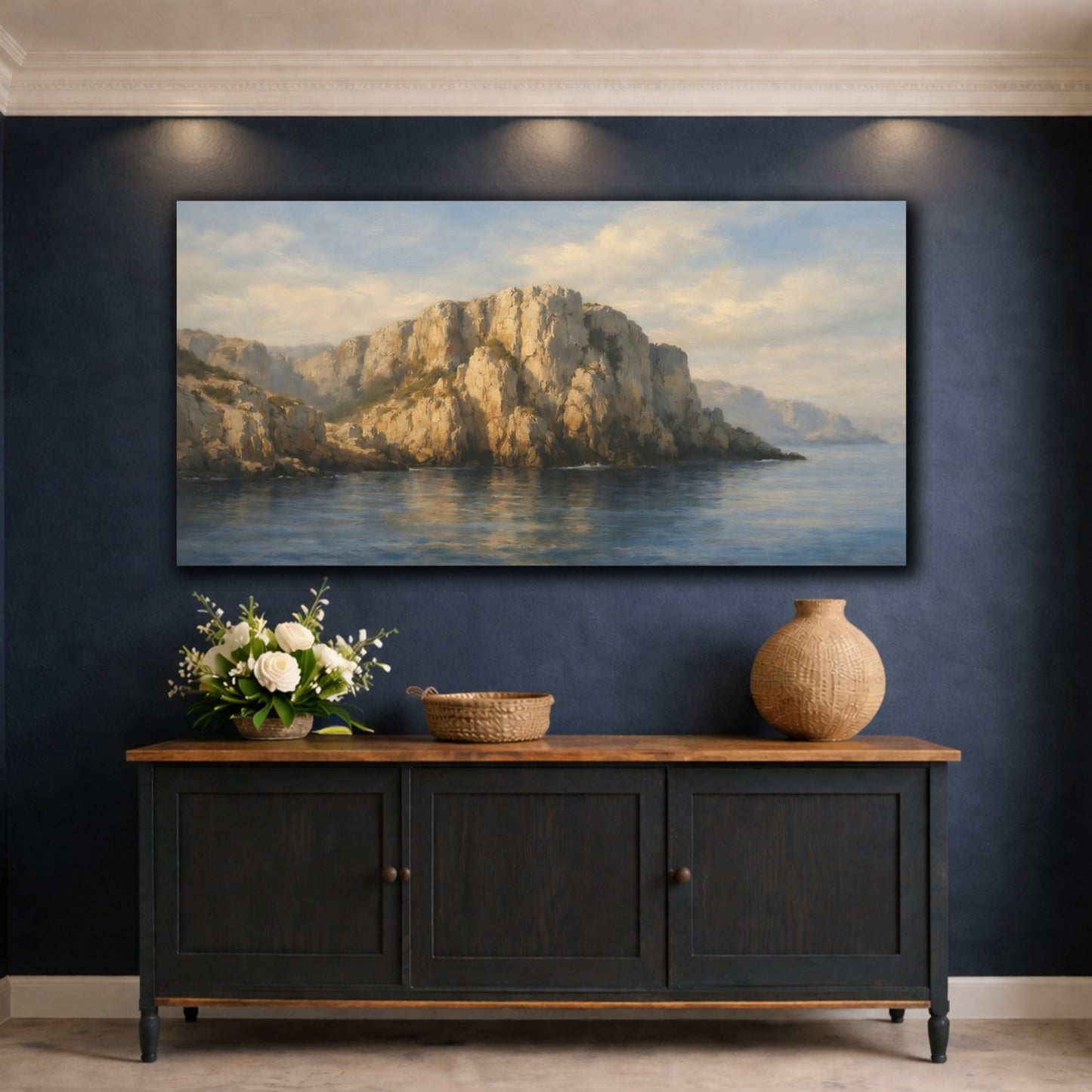 Mockup 4. Nature Sea Cliffs Blue And Brown shown as stretched canvas wall art