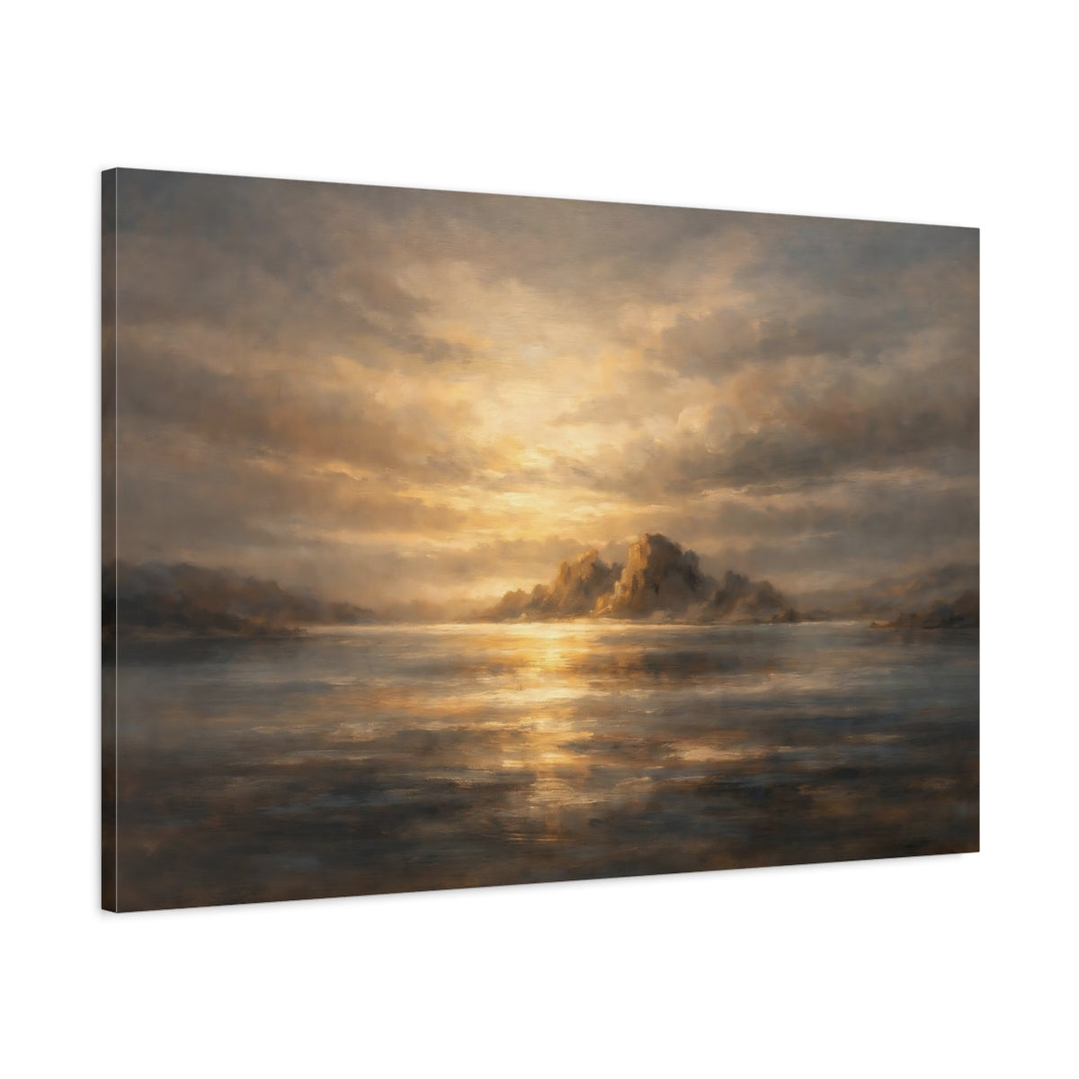 Side Mockup 1. Nature Sea Islands Golden Seascape shown as stretched canvas wall art