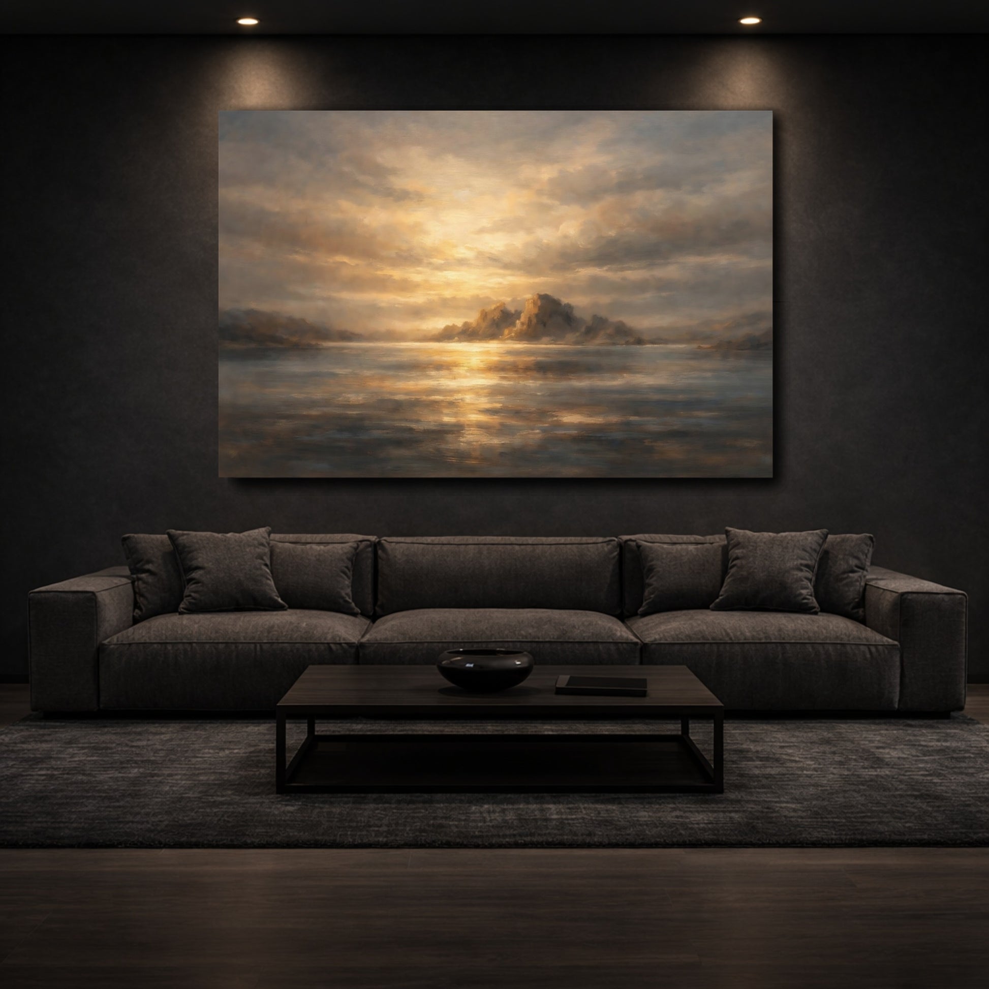 Mockup 2. Nature Sea Islands Golden Seascape shown as stretched canvas wall art