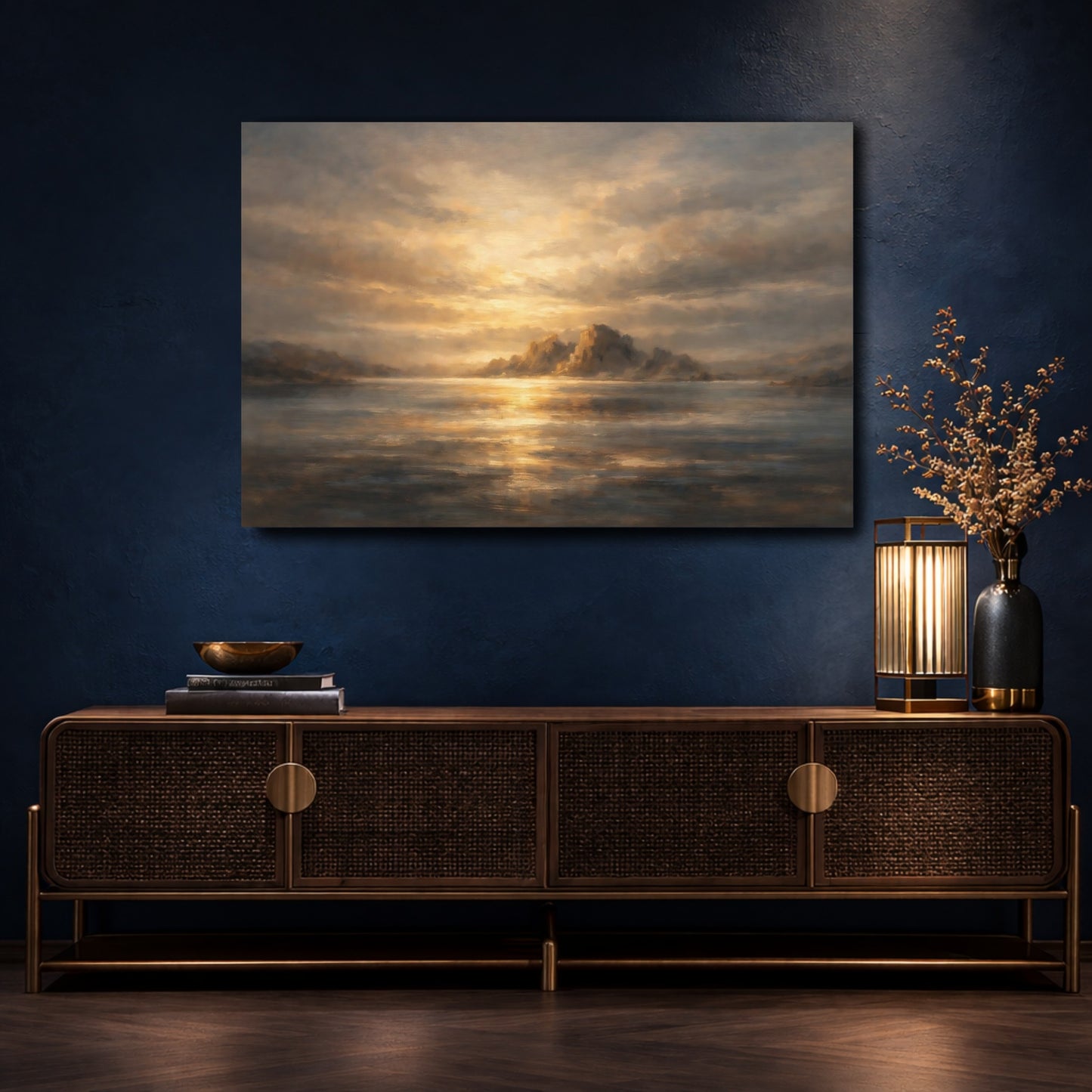 Mockup 4. Nature Sea Islands Golden Seascape shown as stretched canvas wall art