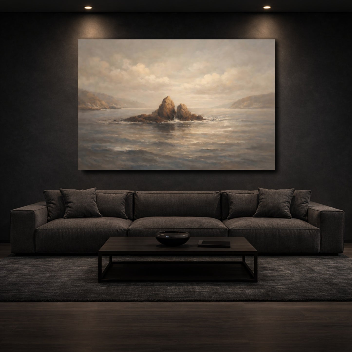 Mockup 2. Nature Sea Rocks Brown And Grey shown as stretched canvas wall art