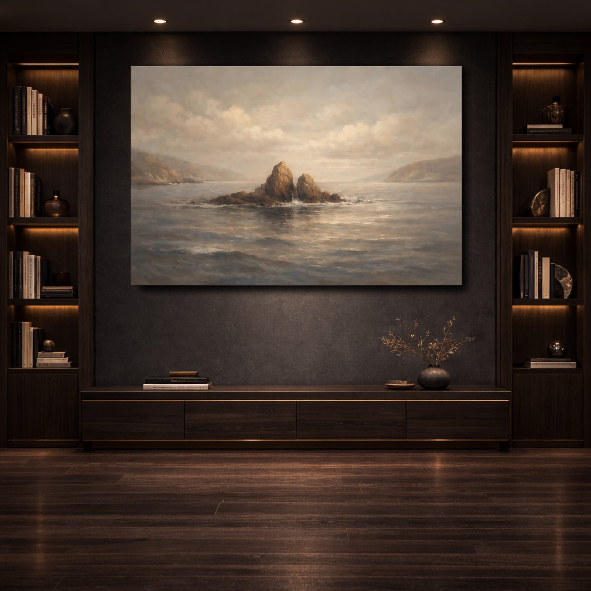 Mockup 3. Nature Sea Rocks Brown And Grey shown as stretched canvas wall art