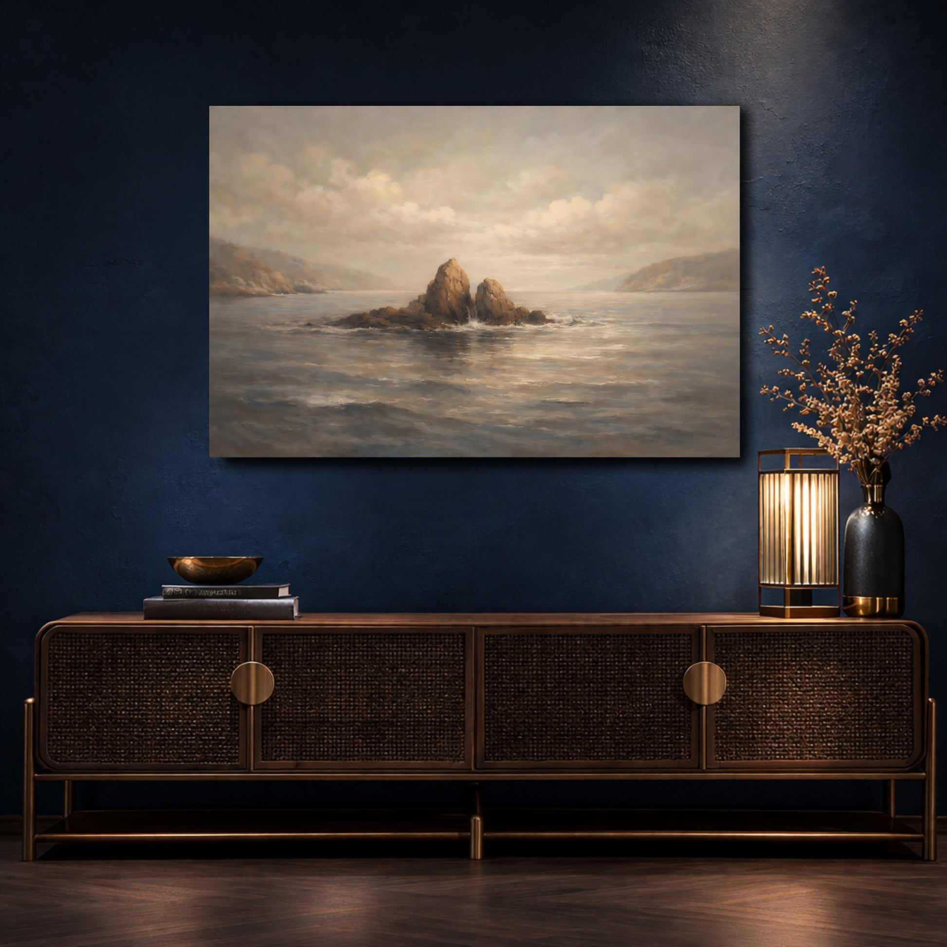 Mockup 4. Nature Sea Rocks Brown And Grey shown as stretched canvas wall art