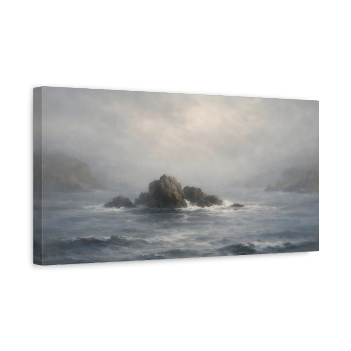Side Mockup 3. Nature Sea Rocks Grey And Blue shown as stretched canvas wall art
