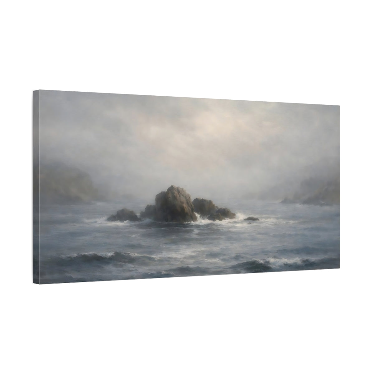 Side Mockup 2. Nature Sea Rocks Grey And Blue shown as stretched canvas wall art