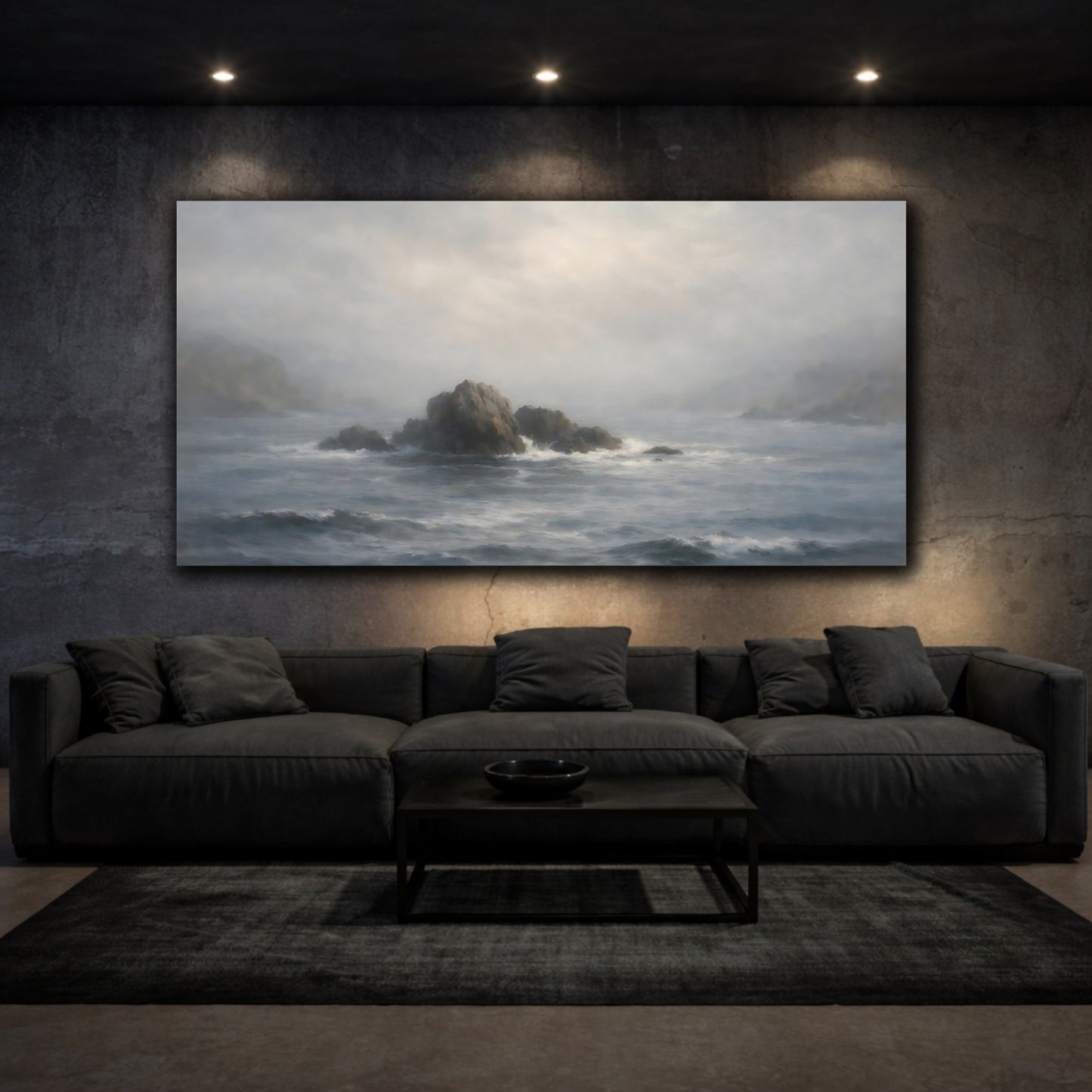 Mockup 2. Nature Sea Rocks Grey And Blue shown as stretched canvas wall art