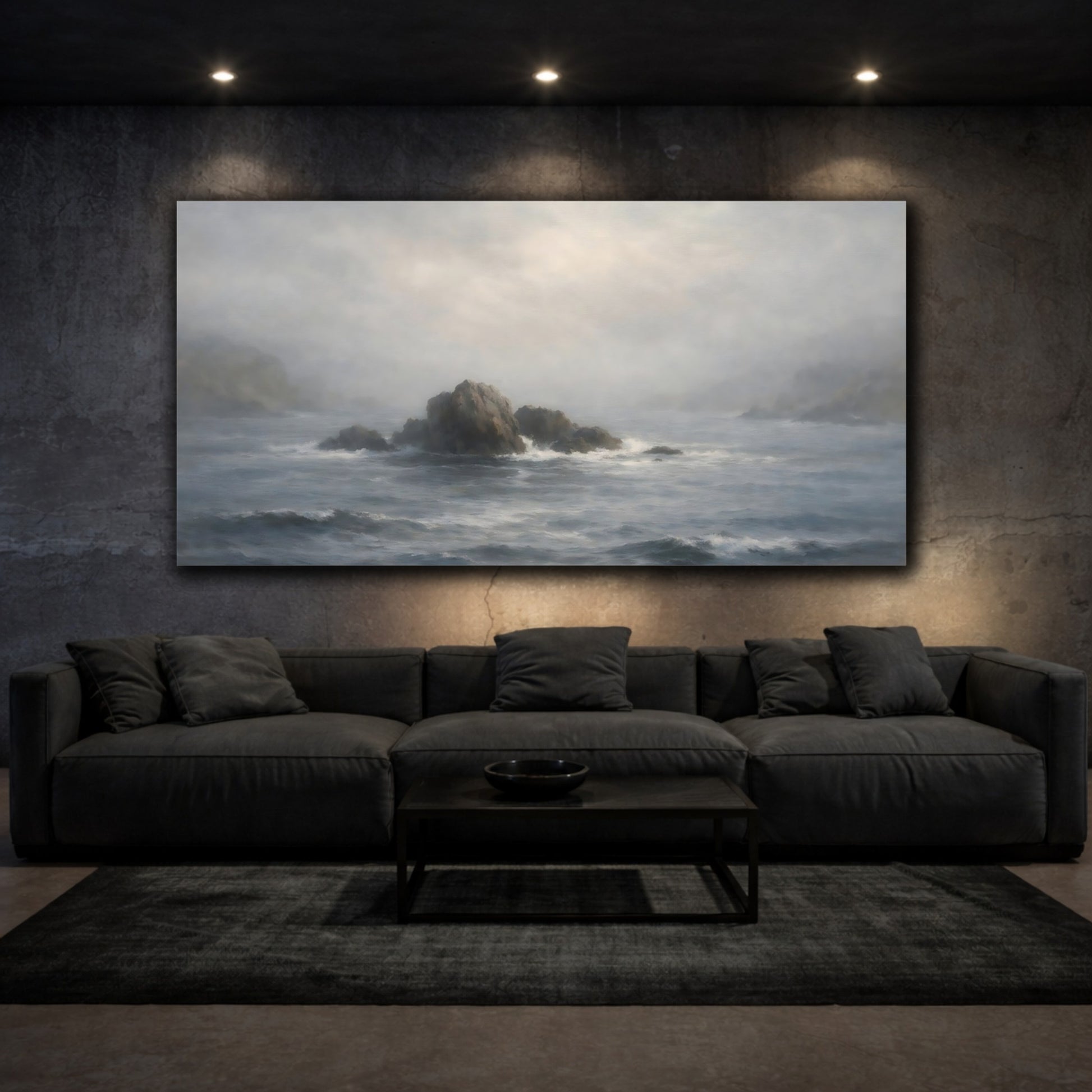 Mockup 2. Nature Sea Rocks Grey And Blue shown as stretched canvas wall art