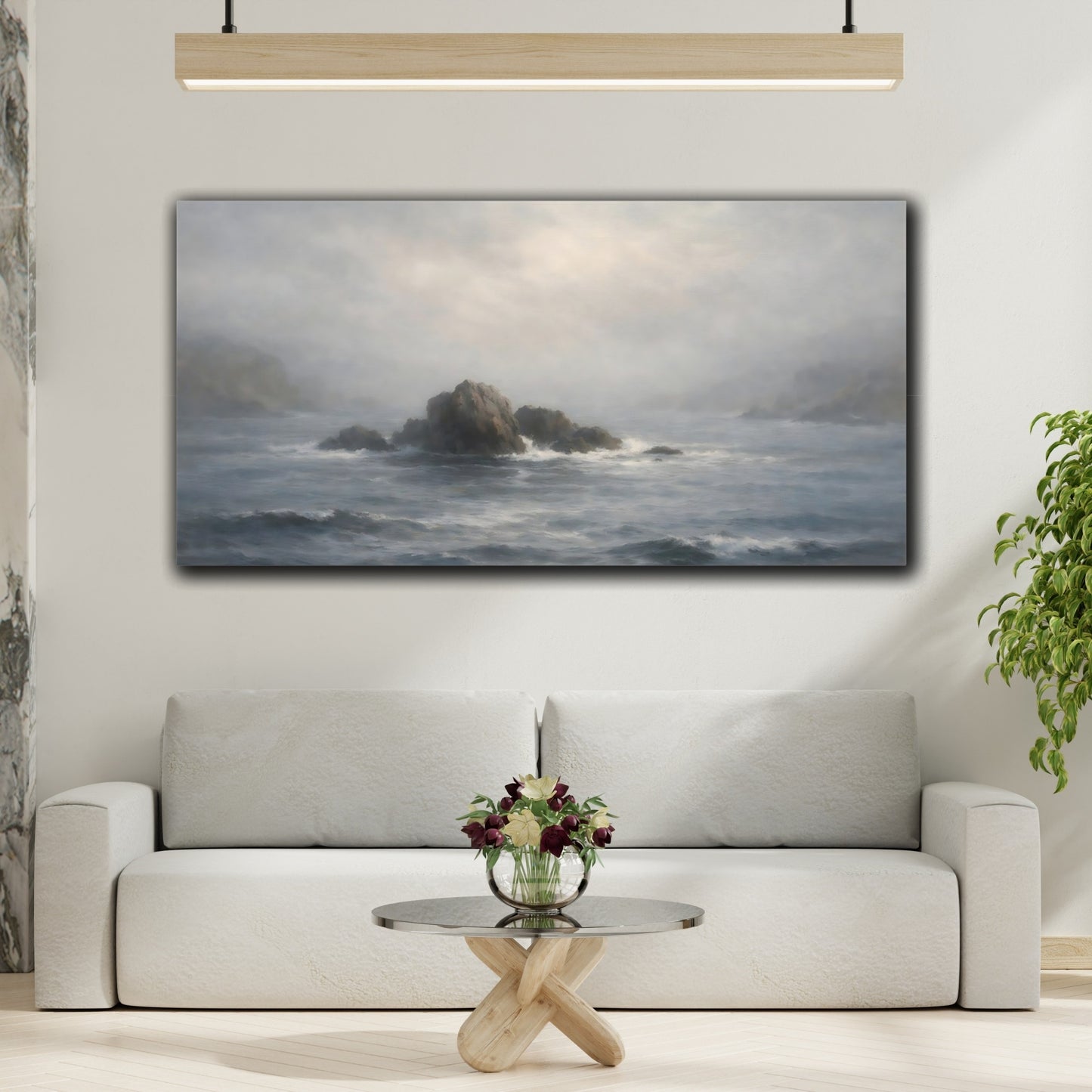 Mockup 3. Nature Sea Rocks Grey And Blue shown as stretched canvas wall art