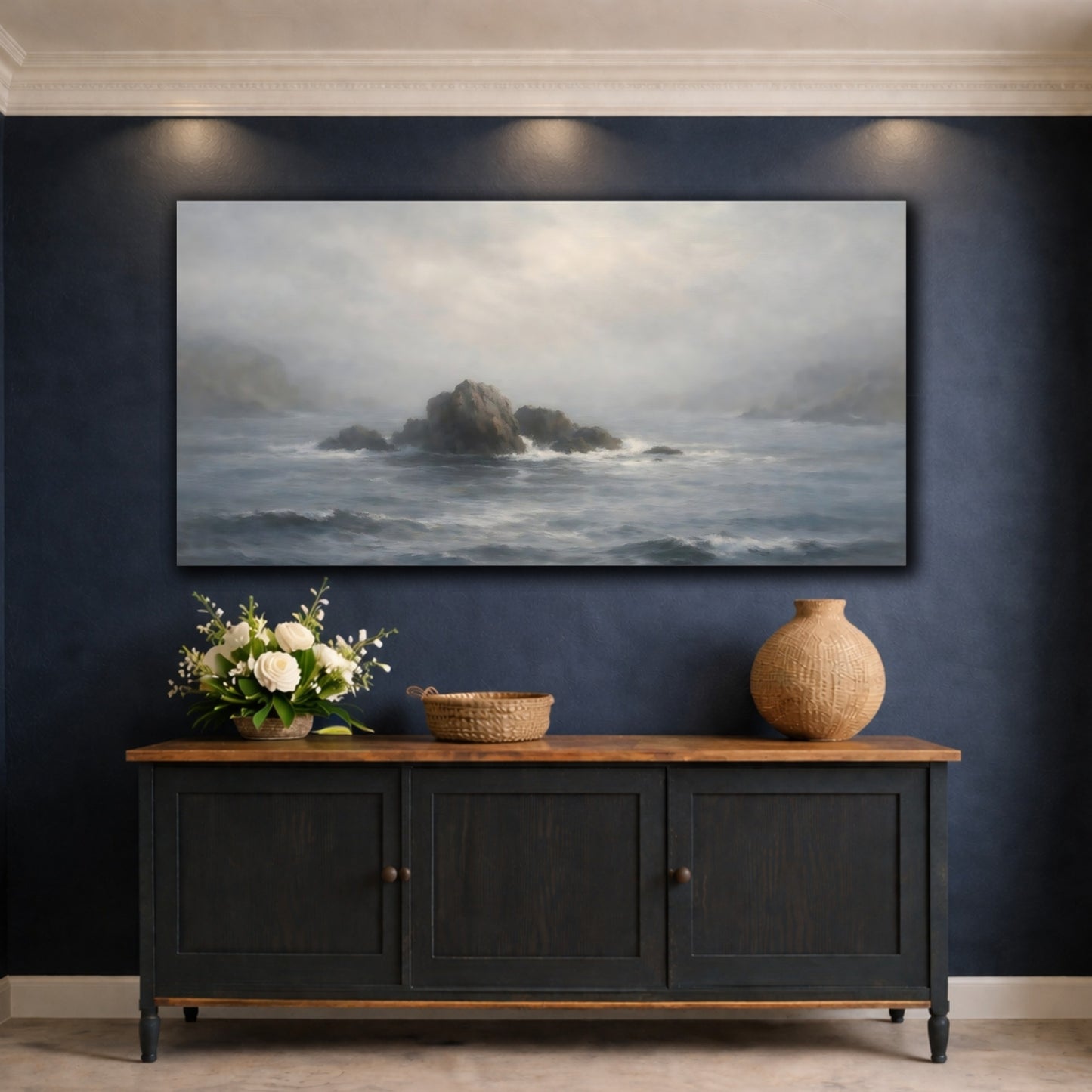 Mockup 4. Nature Sea Rocks Grey And Blue shown as stretched canvas wall art