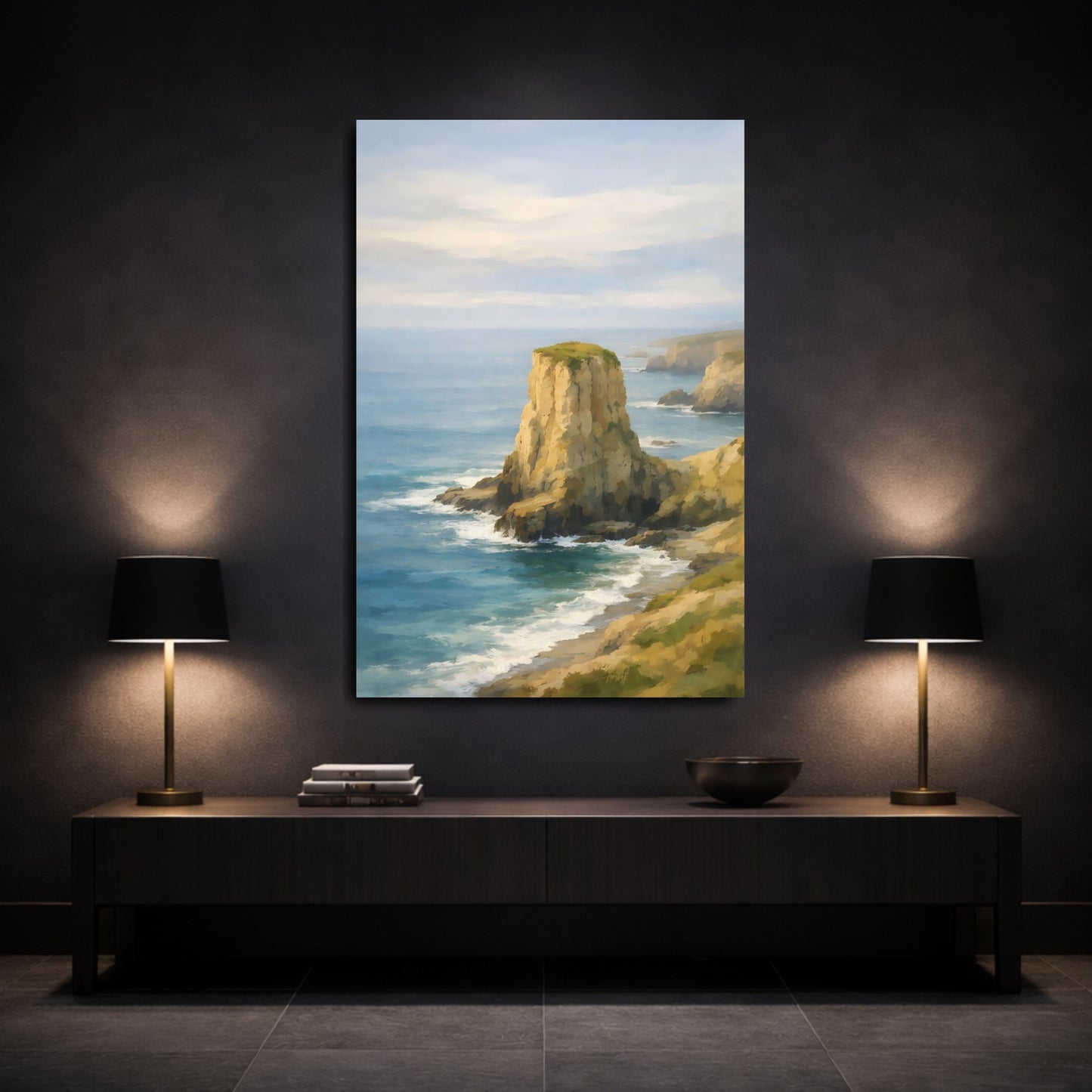 Mockup 2. Nature Sea Stack Blue And Gold Coastal shown as stretched canvas wall art
