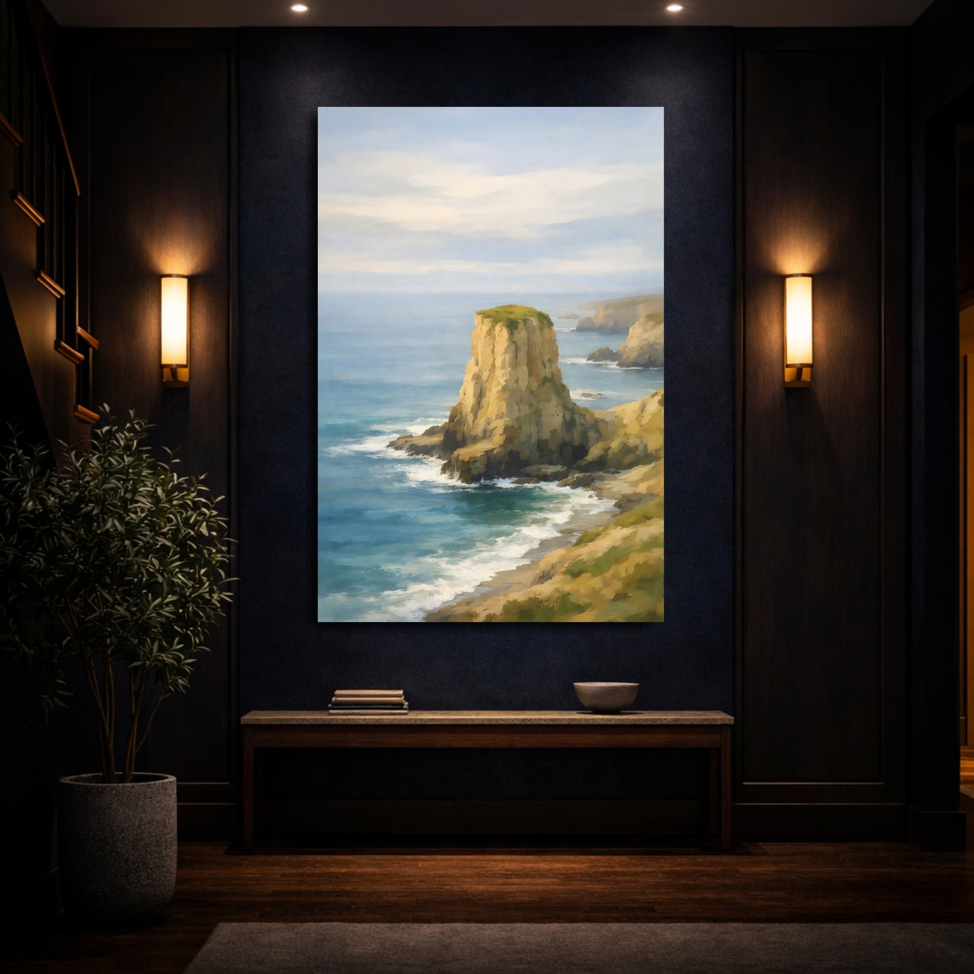 Mockup 3. Nature Sea Stack Blue And Gold Coastal shown as stretched canvas wall art